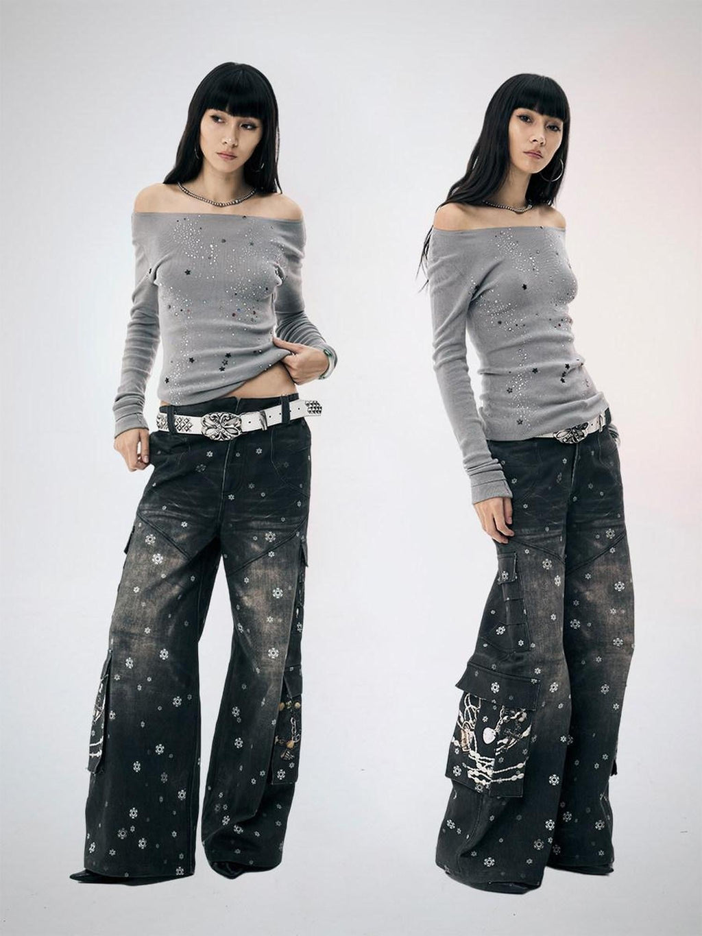 Snowflake Print Vintage Cargo Loose Women's Cotton Wide-leg Pants