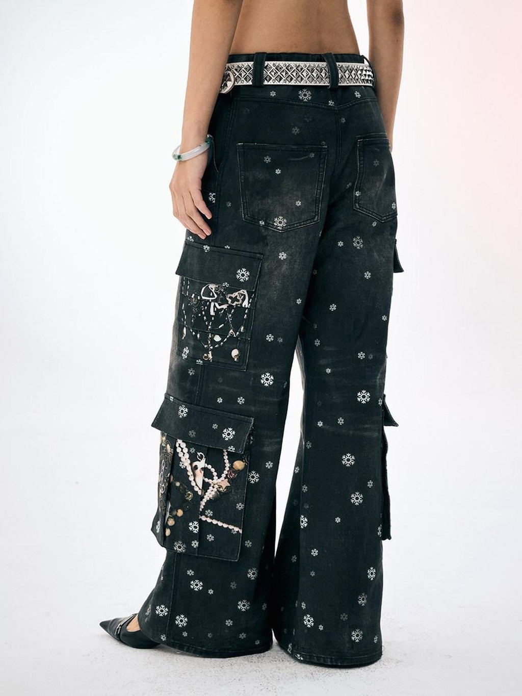 Snowflake Print Vintage Cargo Loose Women's Cotton Wide-leg Pants