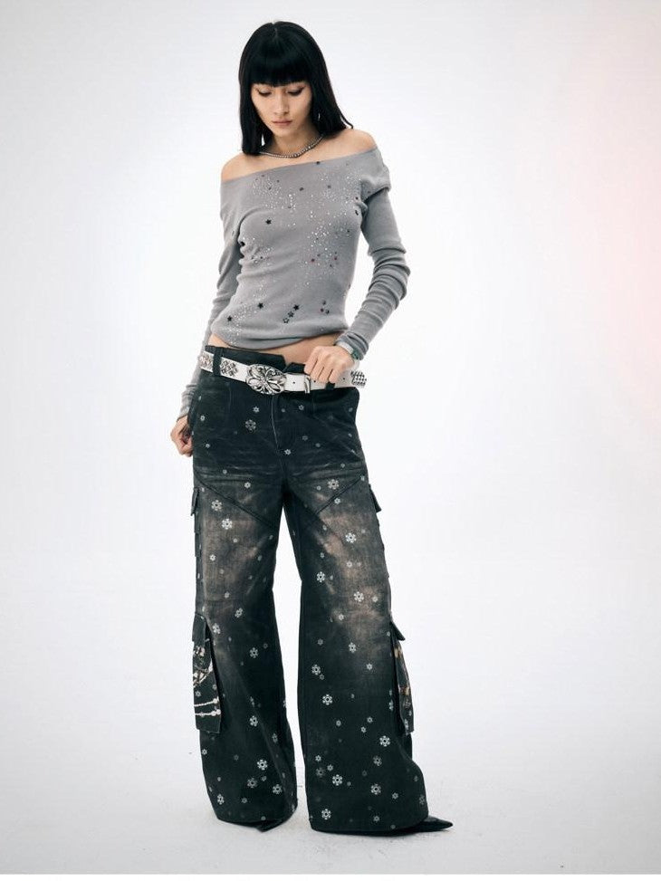 Snowflake Print Vintage Cargo Loose Women's Cotton Wide-leg Pants