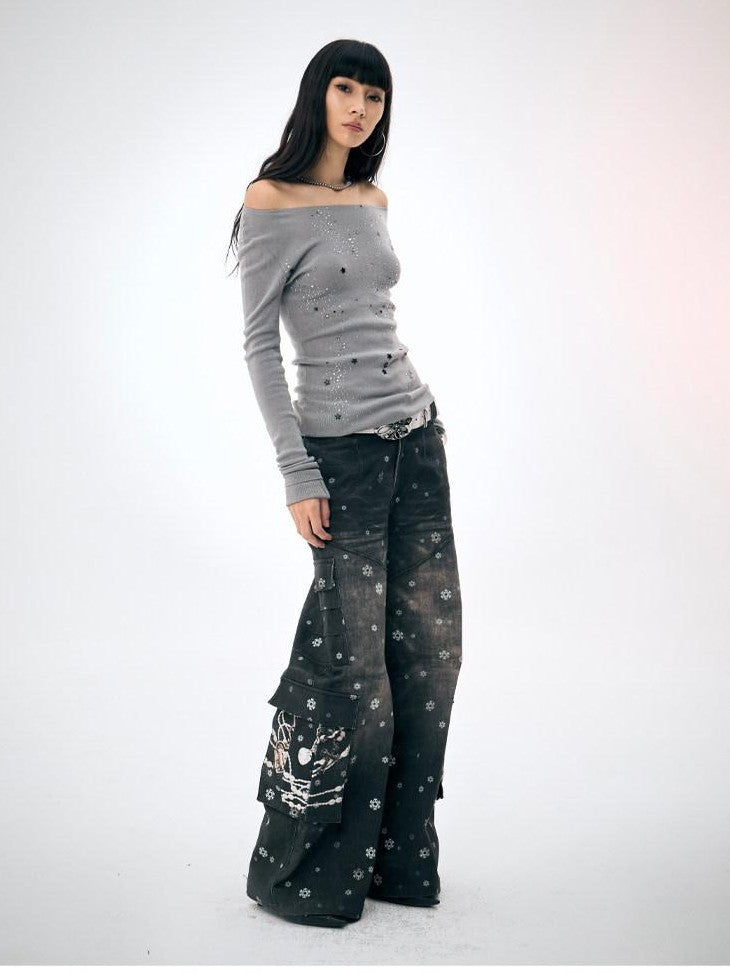 Snowflake Print Vintage Cargo Loose Women's Cotton Wide-leg Pants