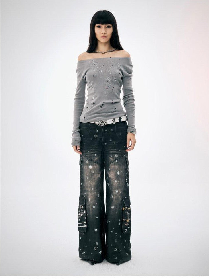 Snowflake Print Vintage Cargo Loose Women's Cotton Wide-leg Pants