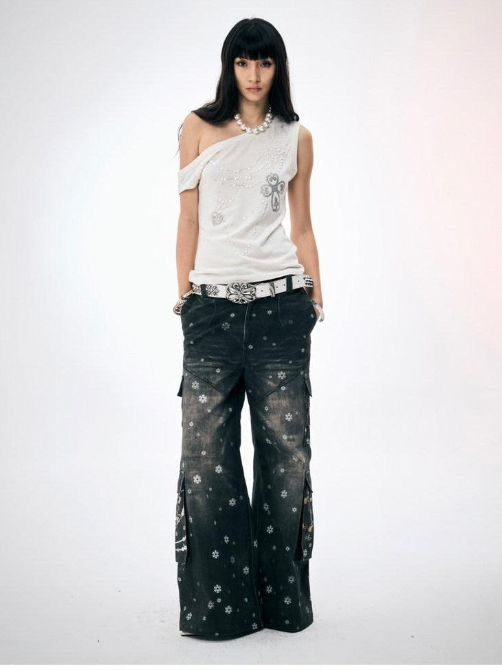 Snowflake Print Vintage Cargo Loose Women's Cotton Wide-leg Pants