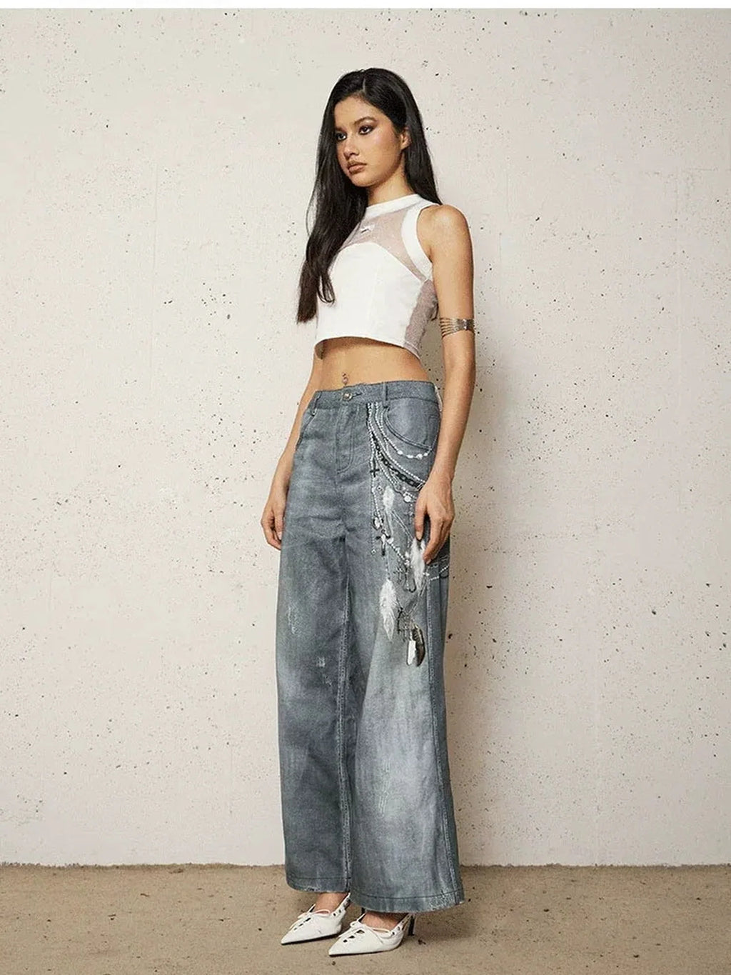 Vintage 3D Pearl Print Washed Denim Flared Trousers Jeans