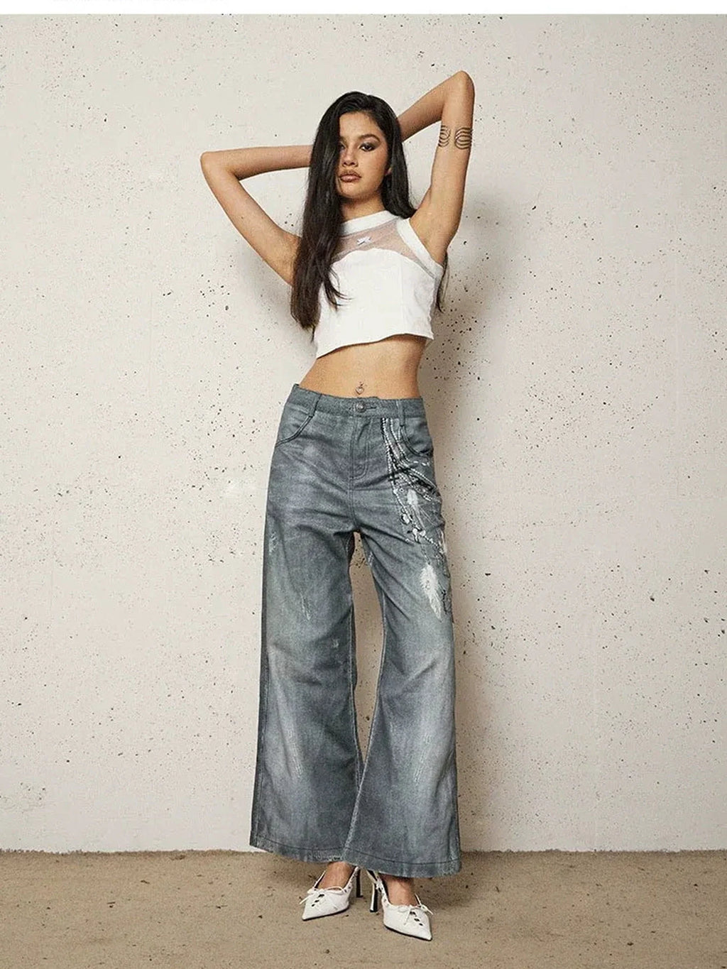 Vintage 3D Pearl Print Washed Denim Flared Trousers Jeans