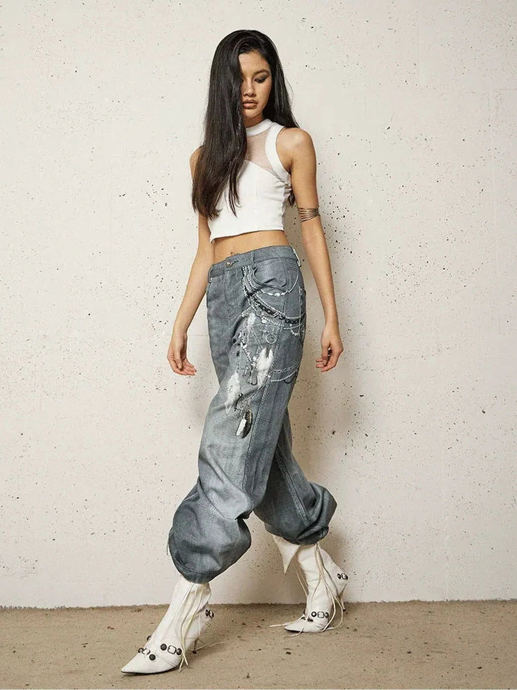 Vintage 3D Pearl Print Washed Denim Flared Trousers Jeans