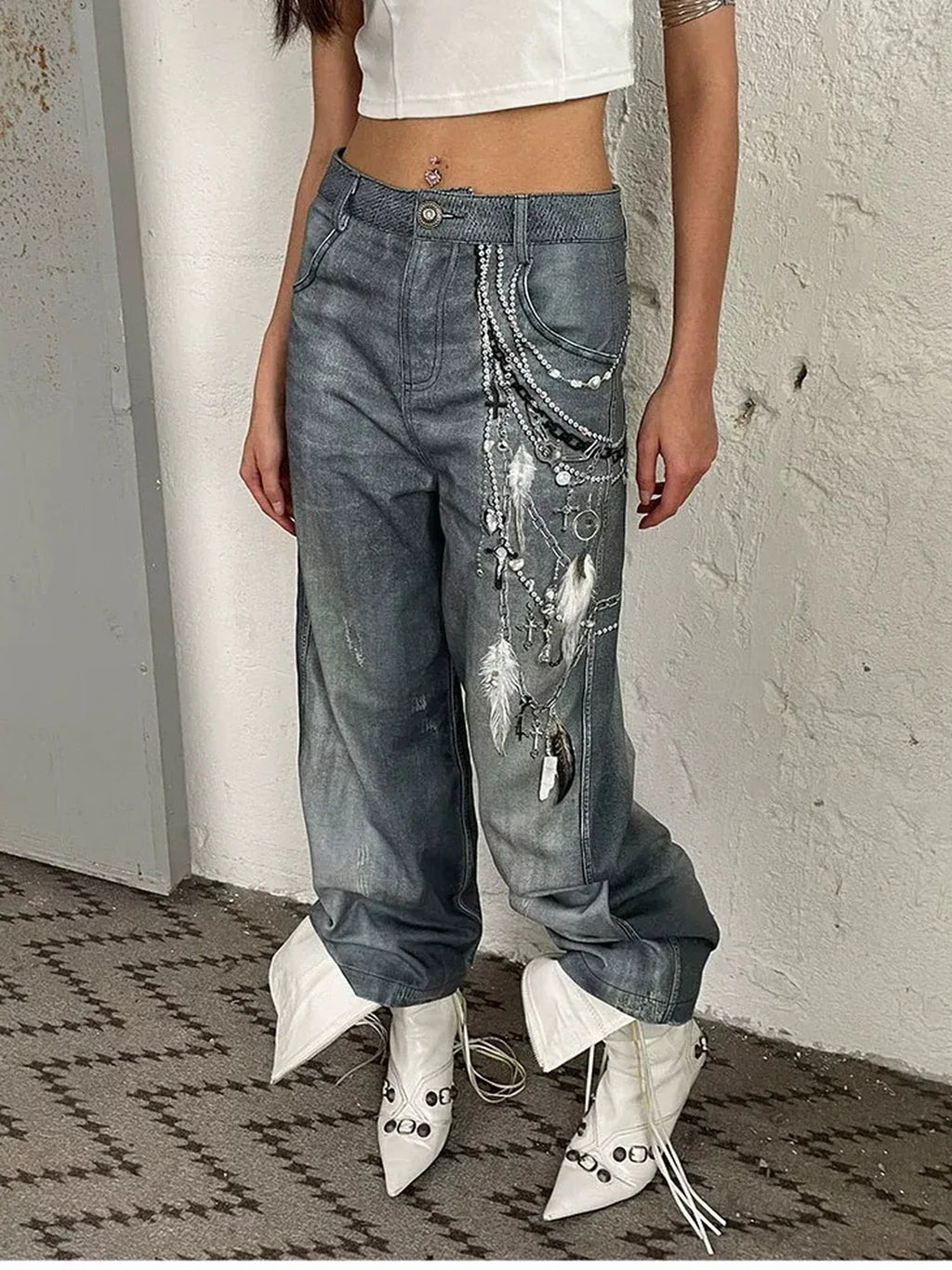 Vintage 3D Pearl Print Washed Denim Flared Trousers Jeans