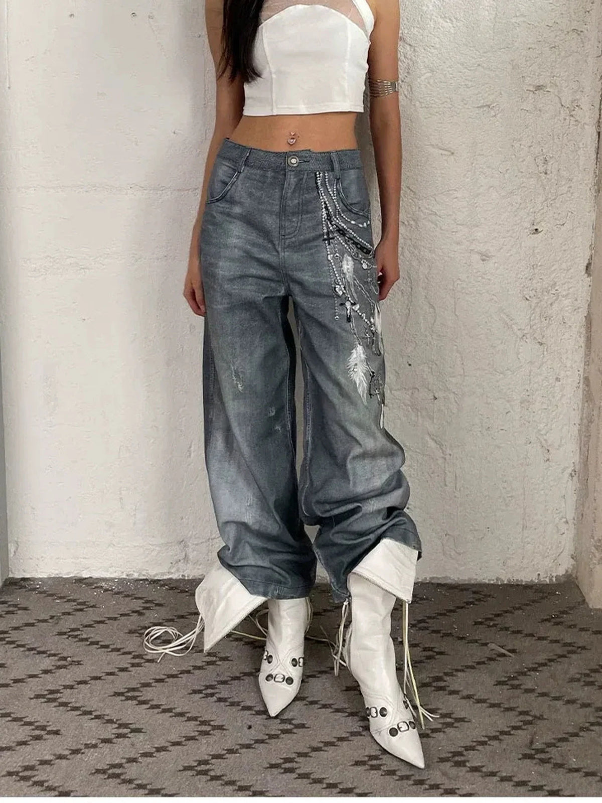 Vintage 3D Pearl Print Washed Denim Flared Trousers Jeans