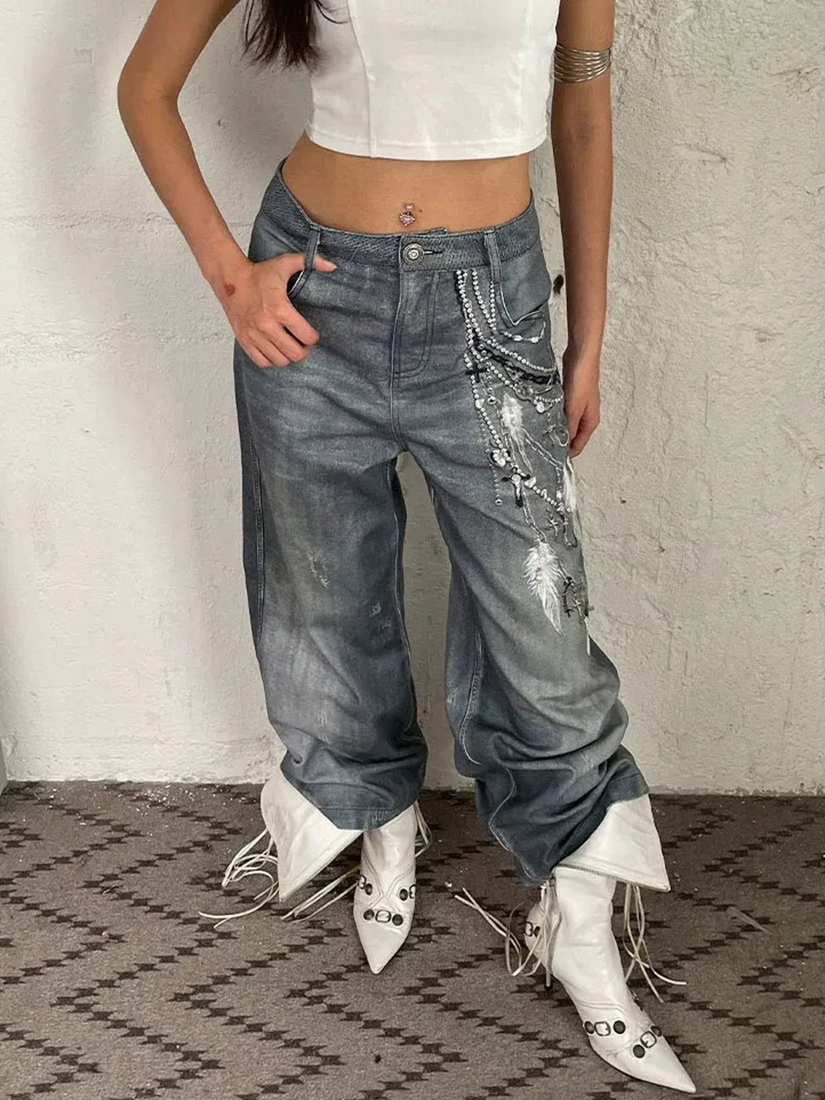 Vintage 3D Pearl Print Washed Denim Flared Trousers Jeans