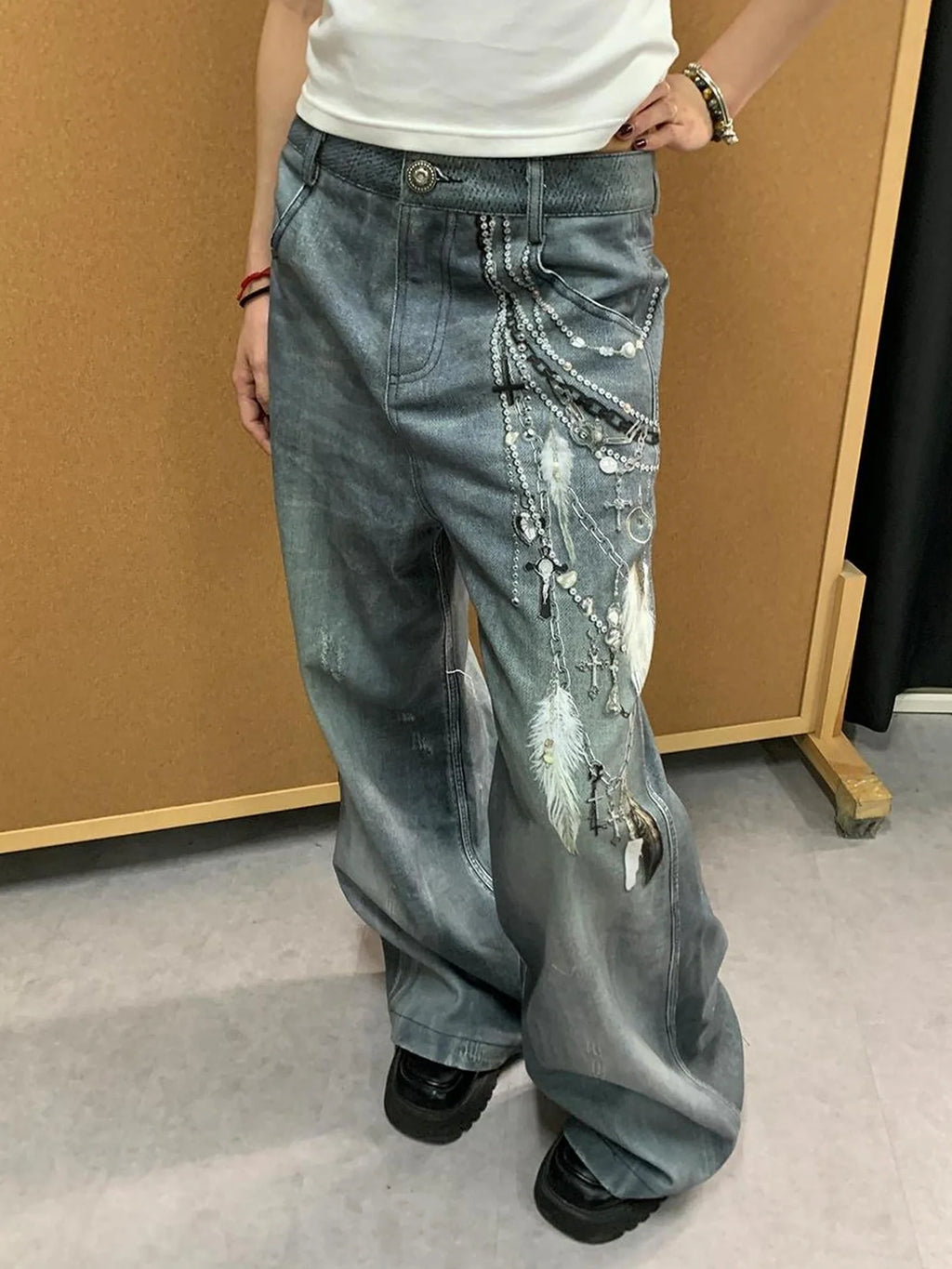 Vintage 3D Pearl Print Washed Denim Flared Trousers Jeans