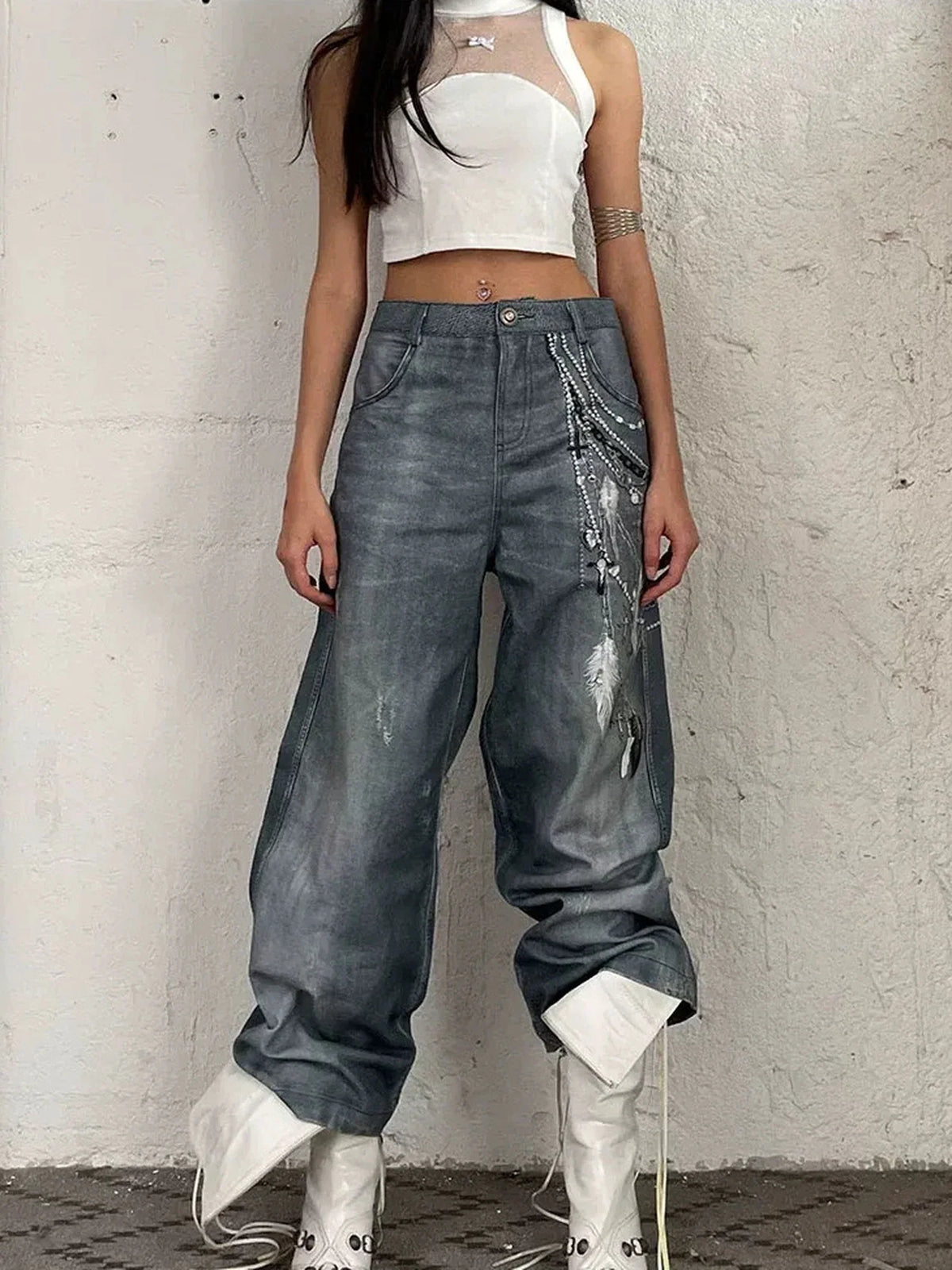 Vintage 3D Pearl Print Washed Denim Flared Trousers Jeans