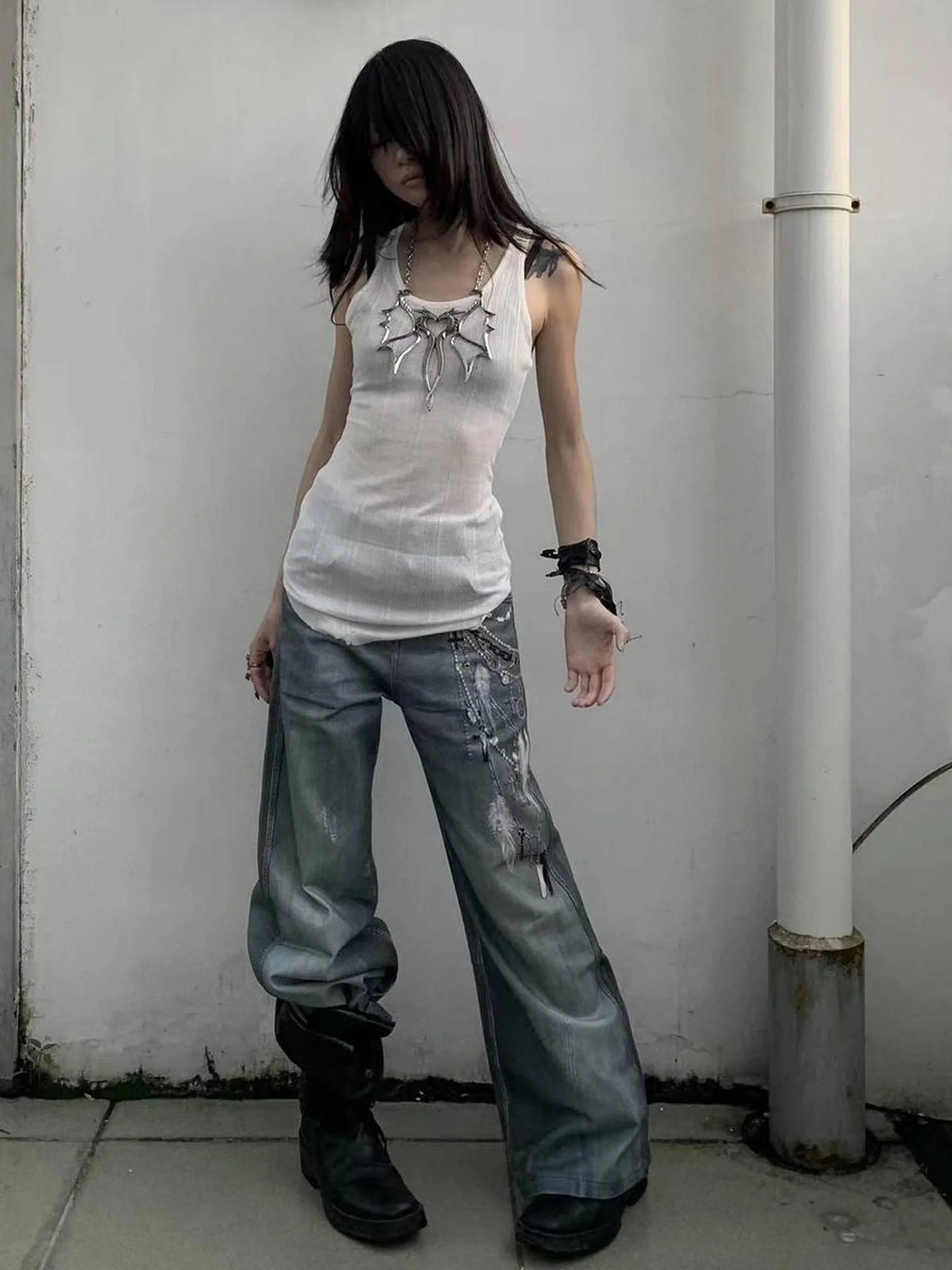 Vintage 3D Pearl Print Washed Denim Flared Trousers Jeans
