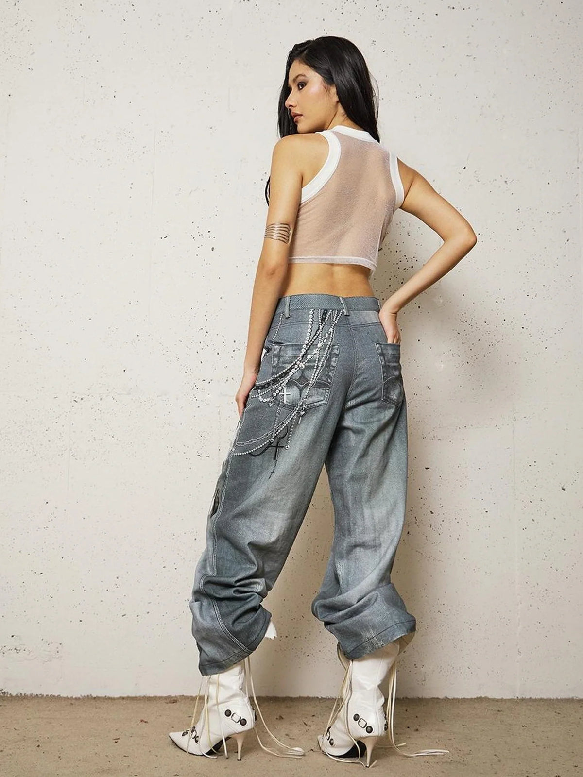Vintage 3D Pearl Print Washed Denim Flared Trousers Jeans