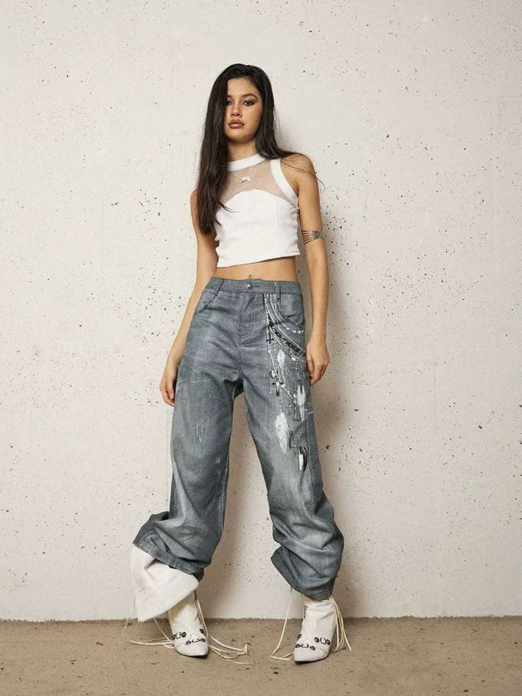 Vintage 3D Pearl Print Washed Denim Flared Trousers Jeans