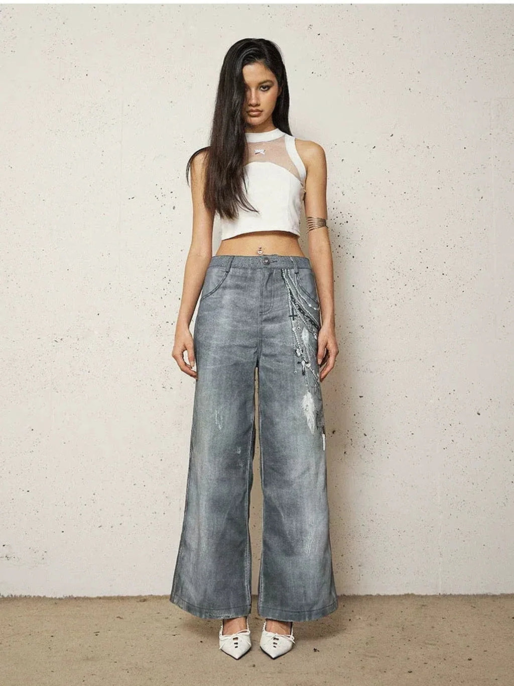Vintage 3D Pearl Print Washed Denim Flared Trousers Jeans