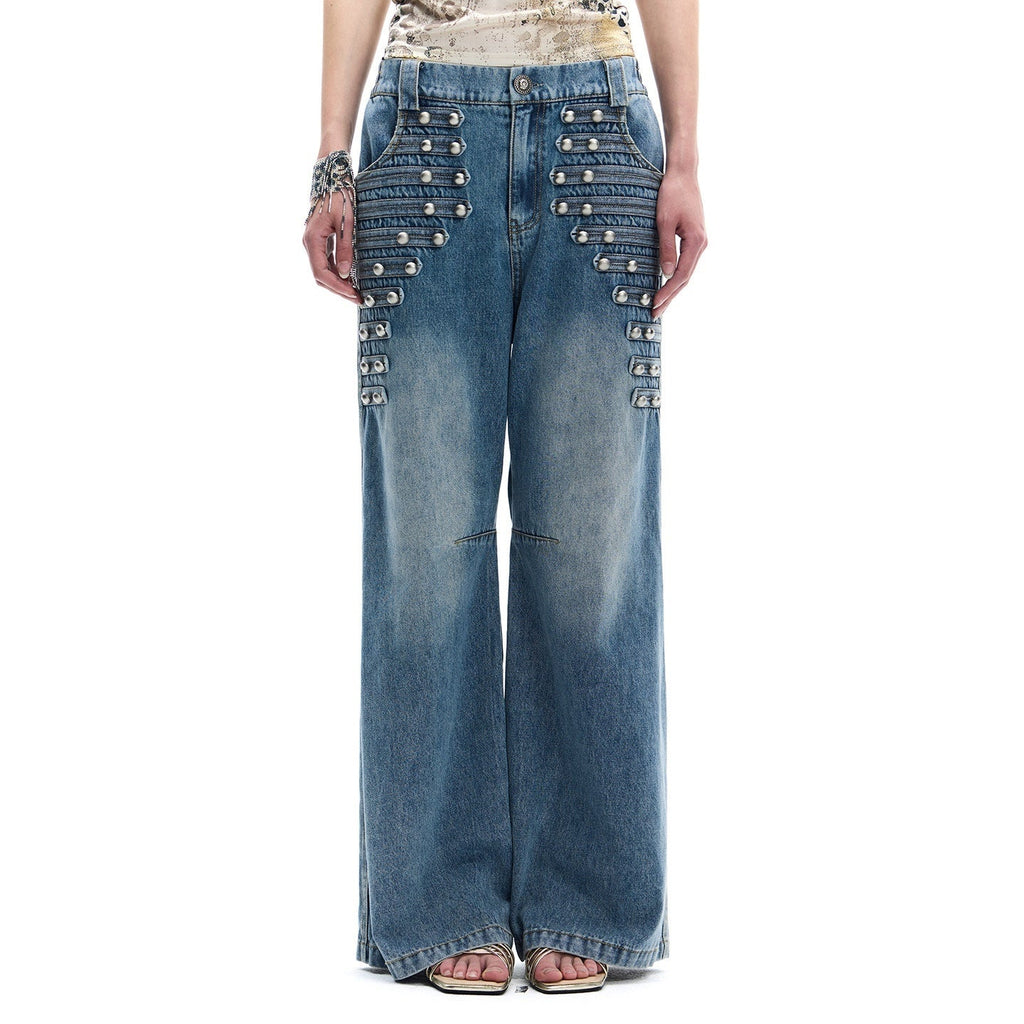 Vintage Button Front Rivet Washed Blue Women's Lyocell Cotton Wide-leg Jeans