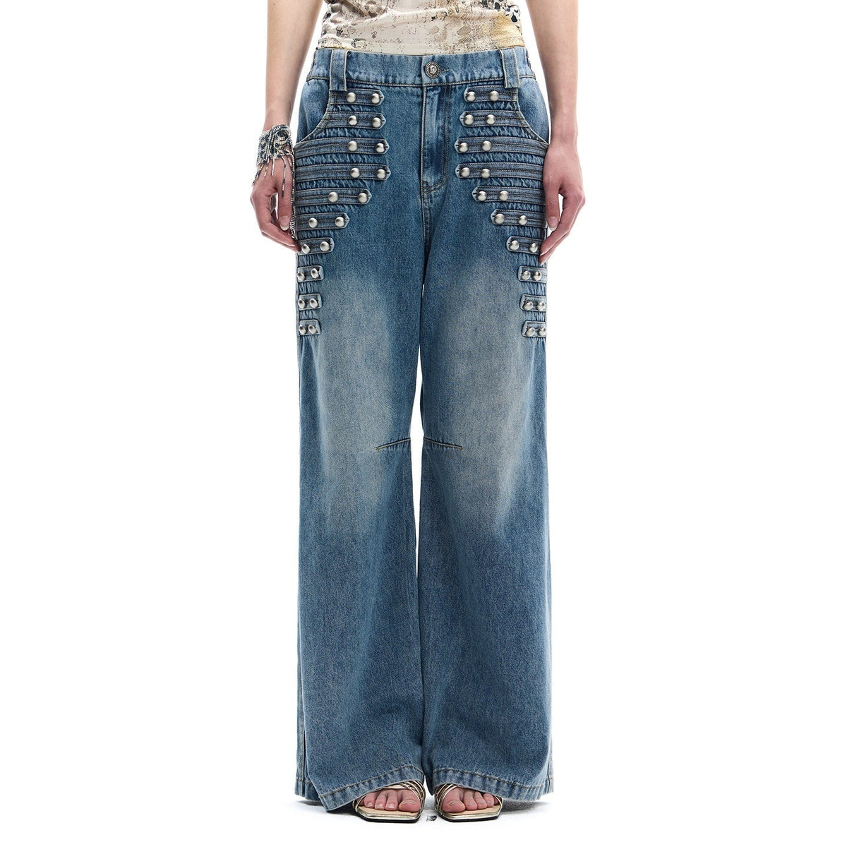 Vintage Button Front Rivet Washed Blue Women's Lyocell Cotton Wide-leg Jeans