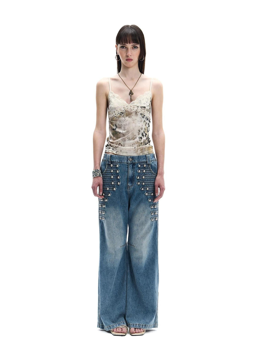 Vintage Button Front Rivet Washed Blue Women's Lyocell Cotton Wide-leg Jeans