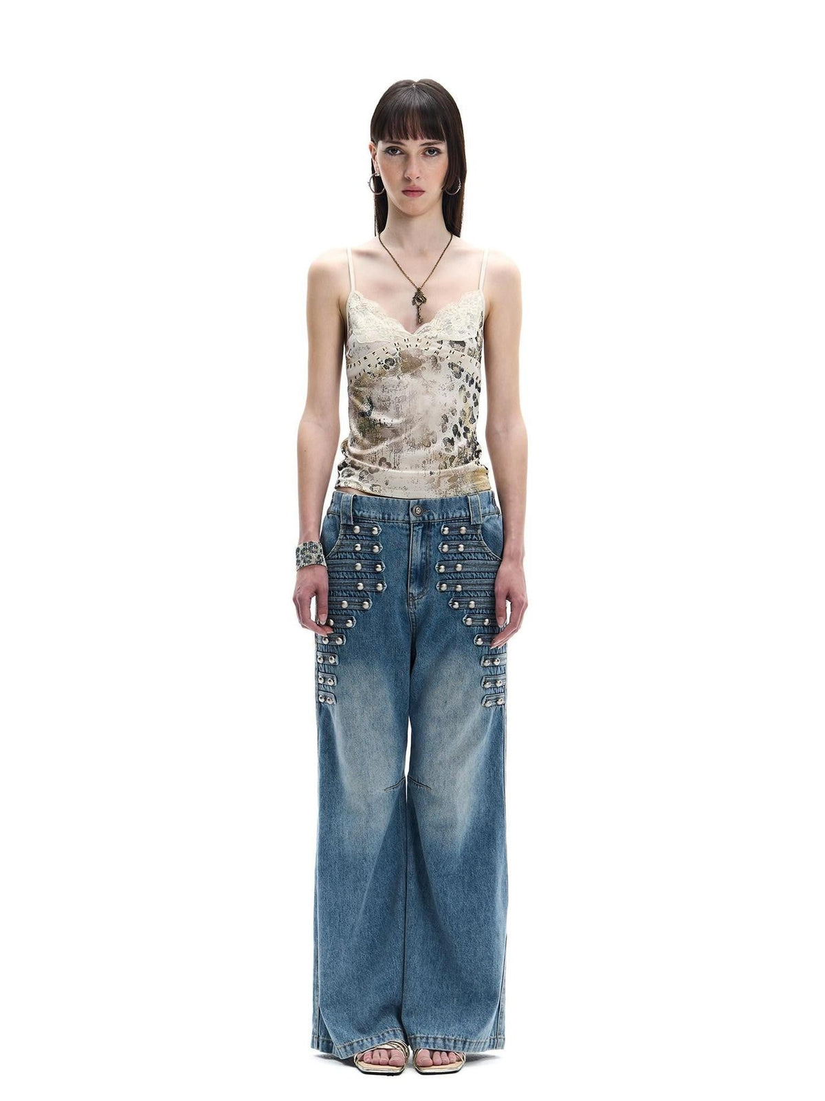 Vintage Button Front Rivet Washed Blue Women's Lyocell Cotton Wide-leg Jeans