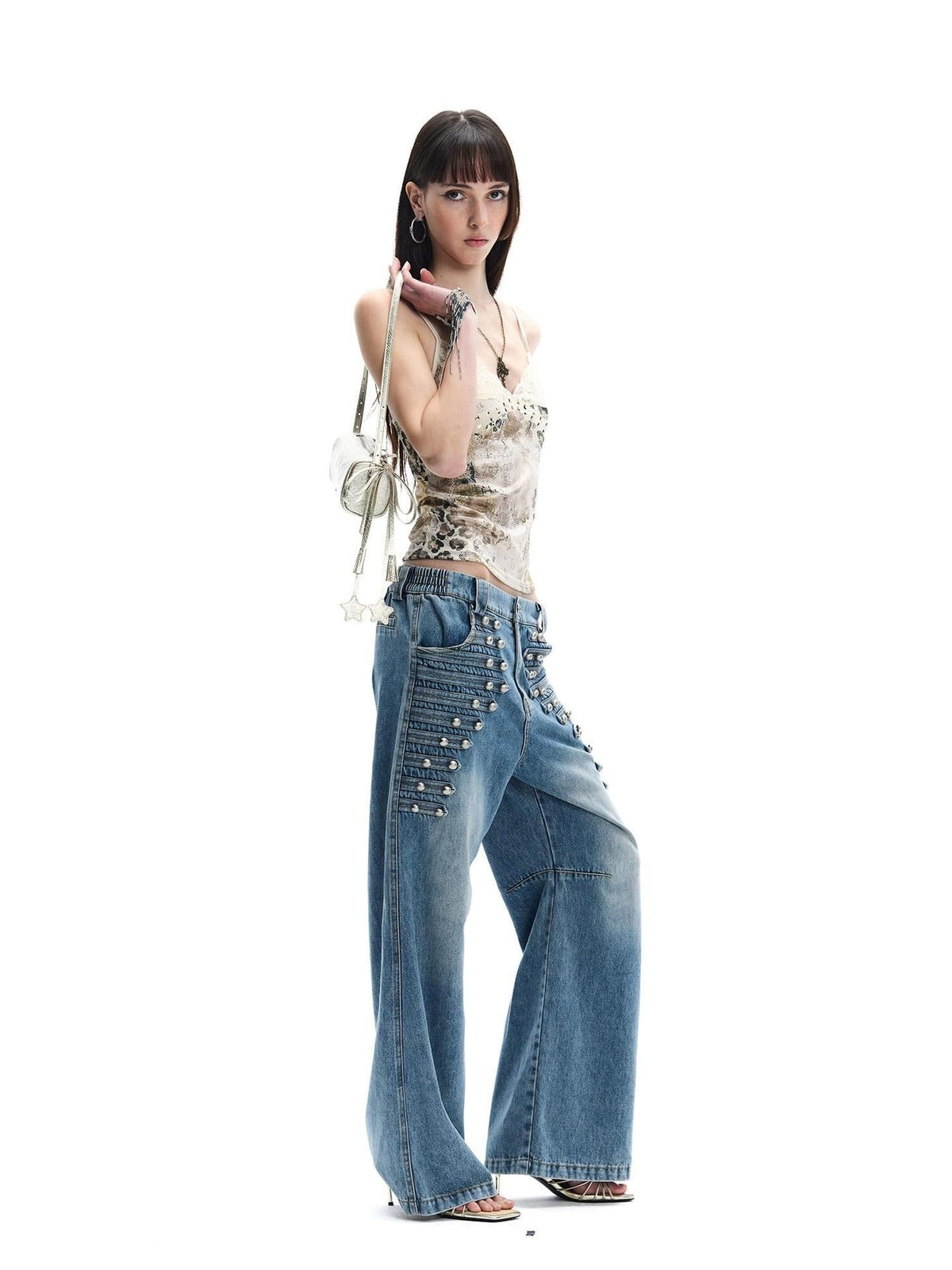 Vintage Button Front Rivet Washed Blue Women's Lyocell Cotton Wide-leg Jeans