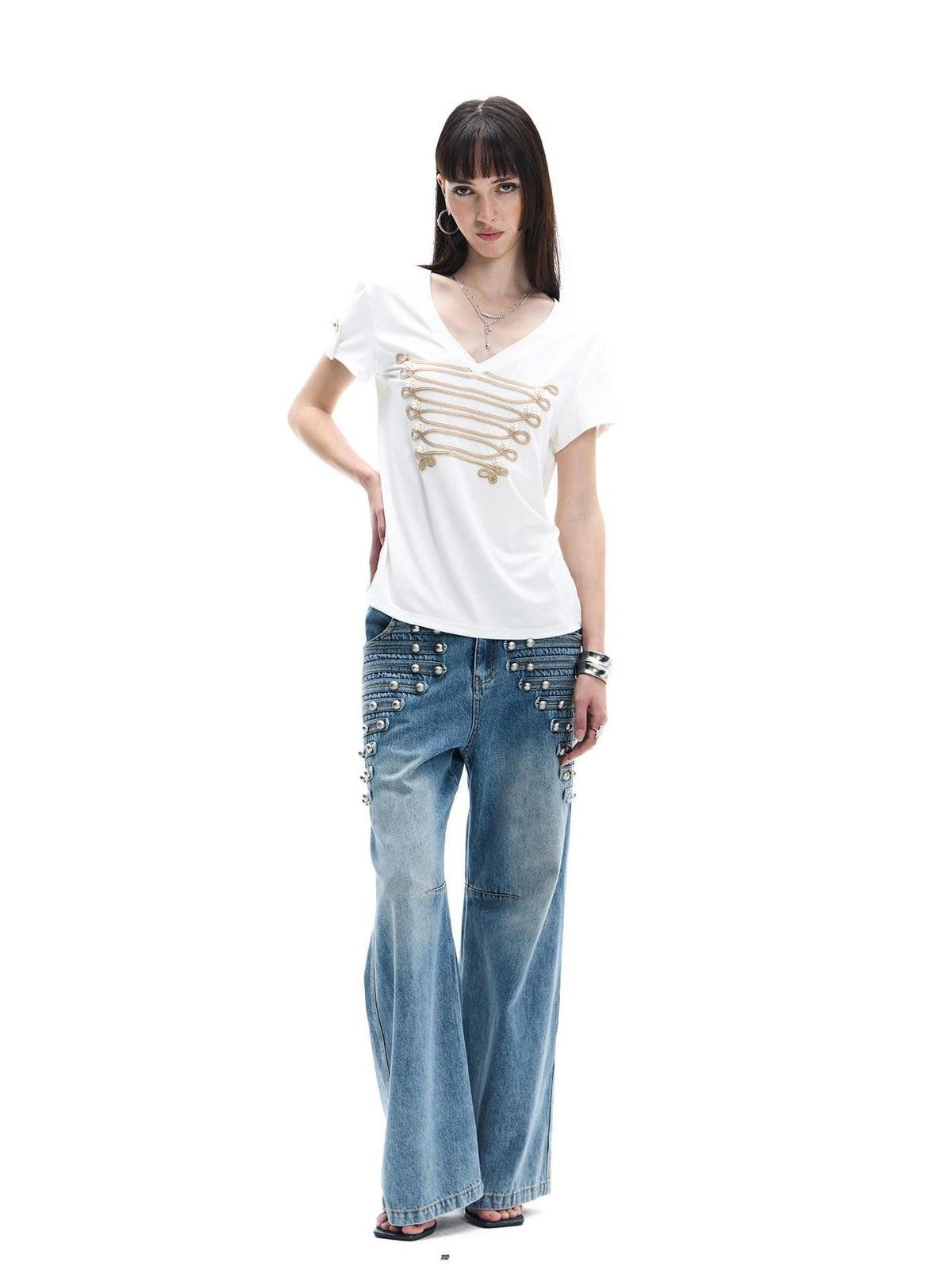 Vintage Button Front Rivet Washed Blue Women's Lyocell Cotton Wide-leg Jeans