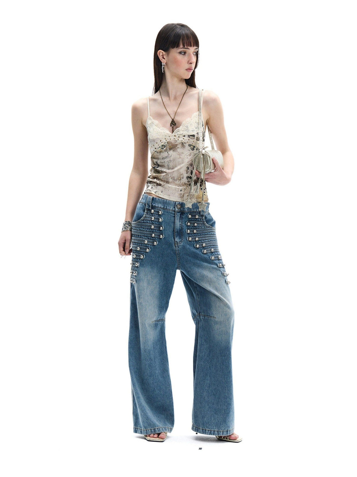 Vintage Button Front Rivet Washed Blue Women's Lyocell Cotton Wide-leg Jeans