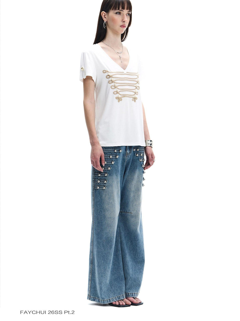 Vintage Button Front Rivet Washed Blue Women's Lyocell Cotton Wide-leg Jeans
