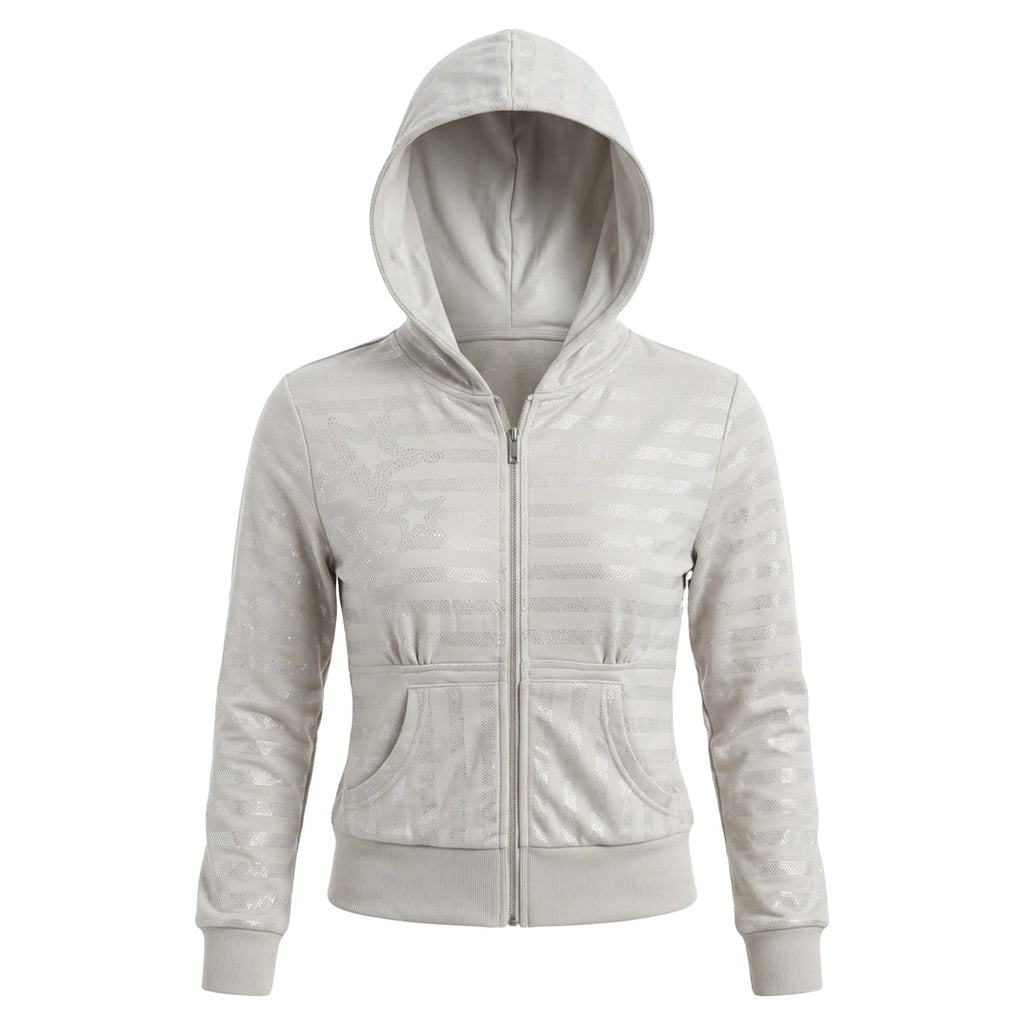 Vintage Grey Silver Striped Rhinestone Print Women's Cotton Slim Fit Cropped Zip-up Hoodies