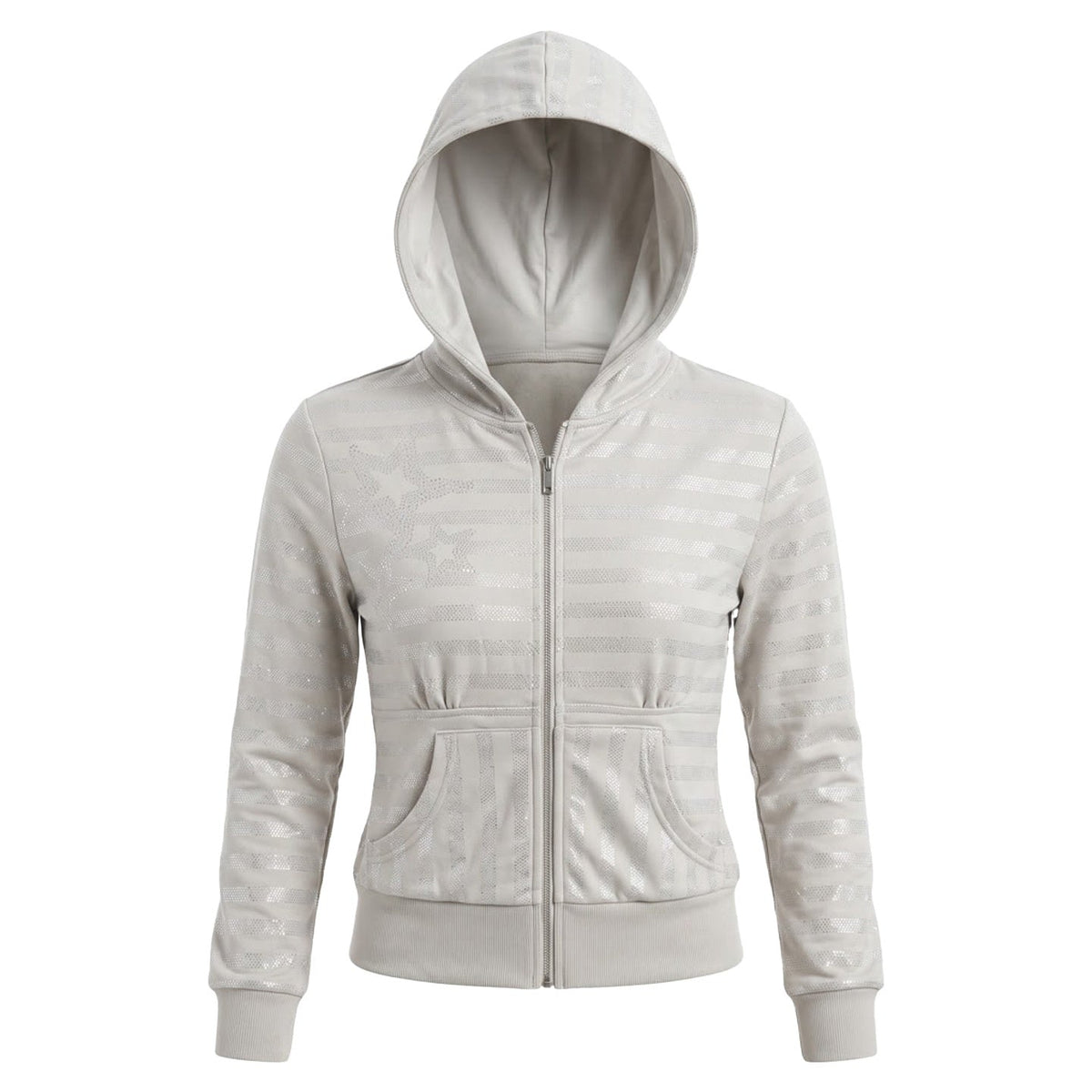 Vintage Grey Silver Striped Rhinestone Print Women's Cotton Slim Fit Cropped Zip-up Hoodies