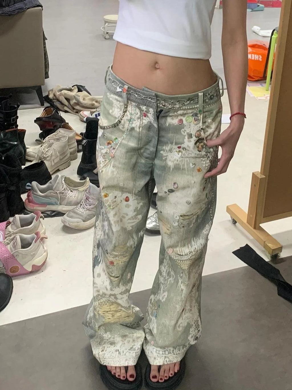 Vintage Lace Print Denim Trousers