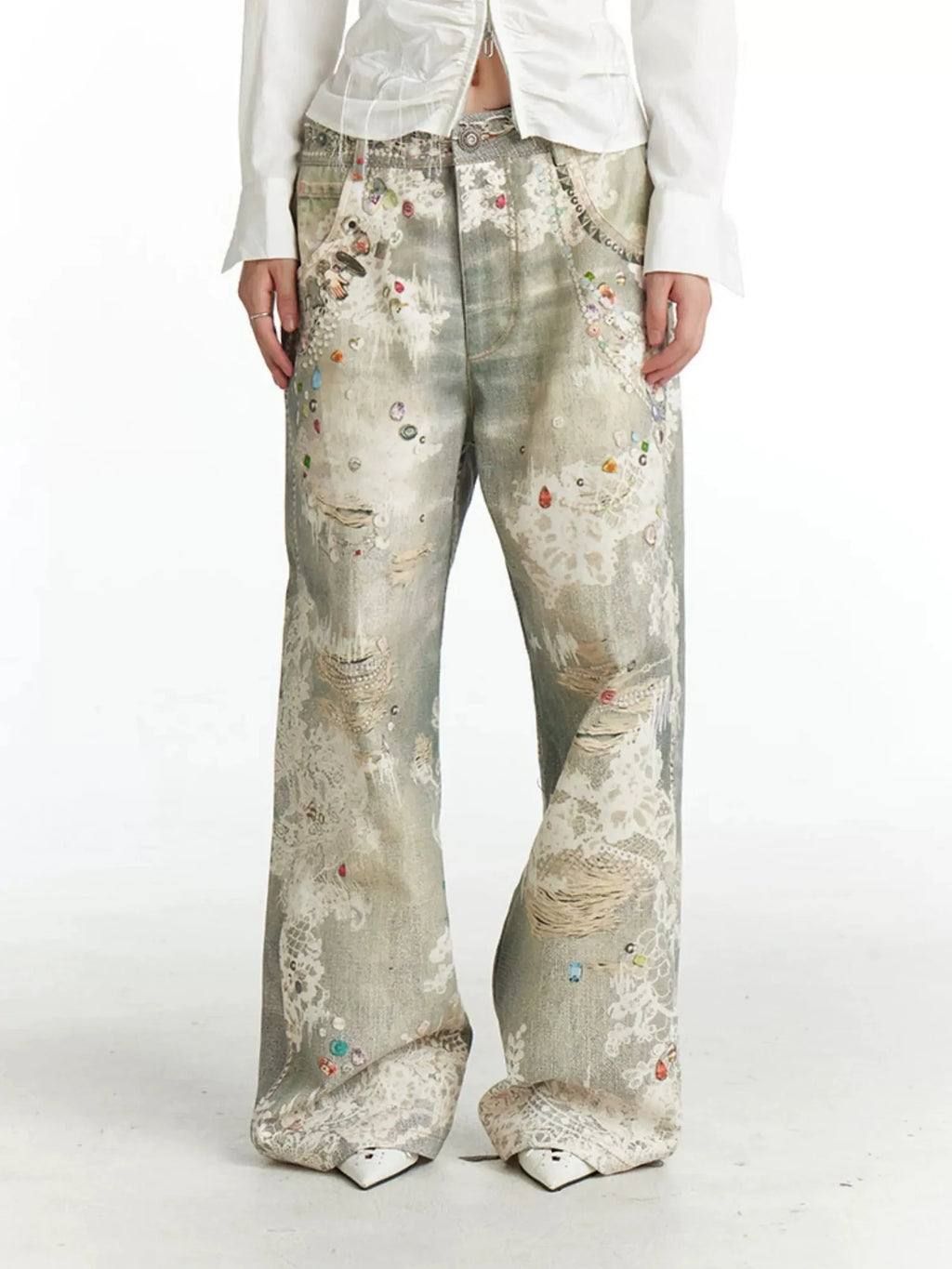 Vintage Lace Print Denim Trousers