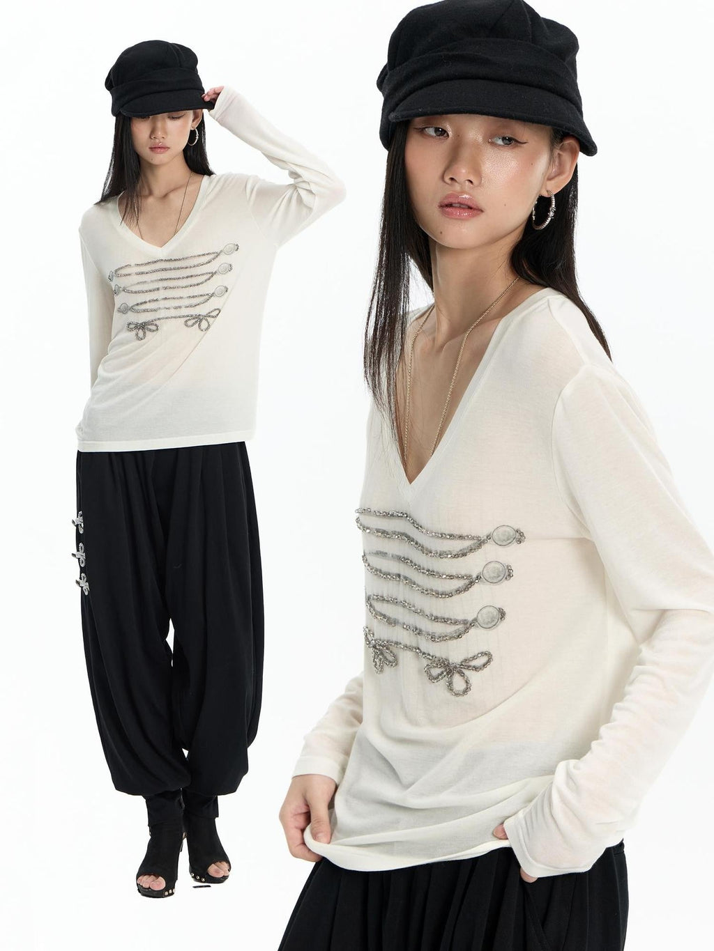 Vintage Print Court Style Rope Knot Women's Wool Lyocell Long Sleeve T-shirts
