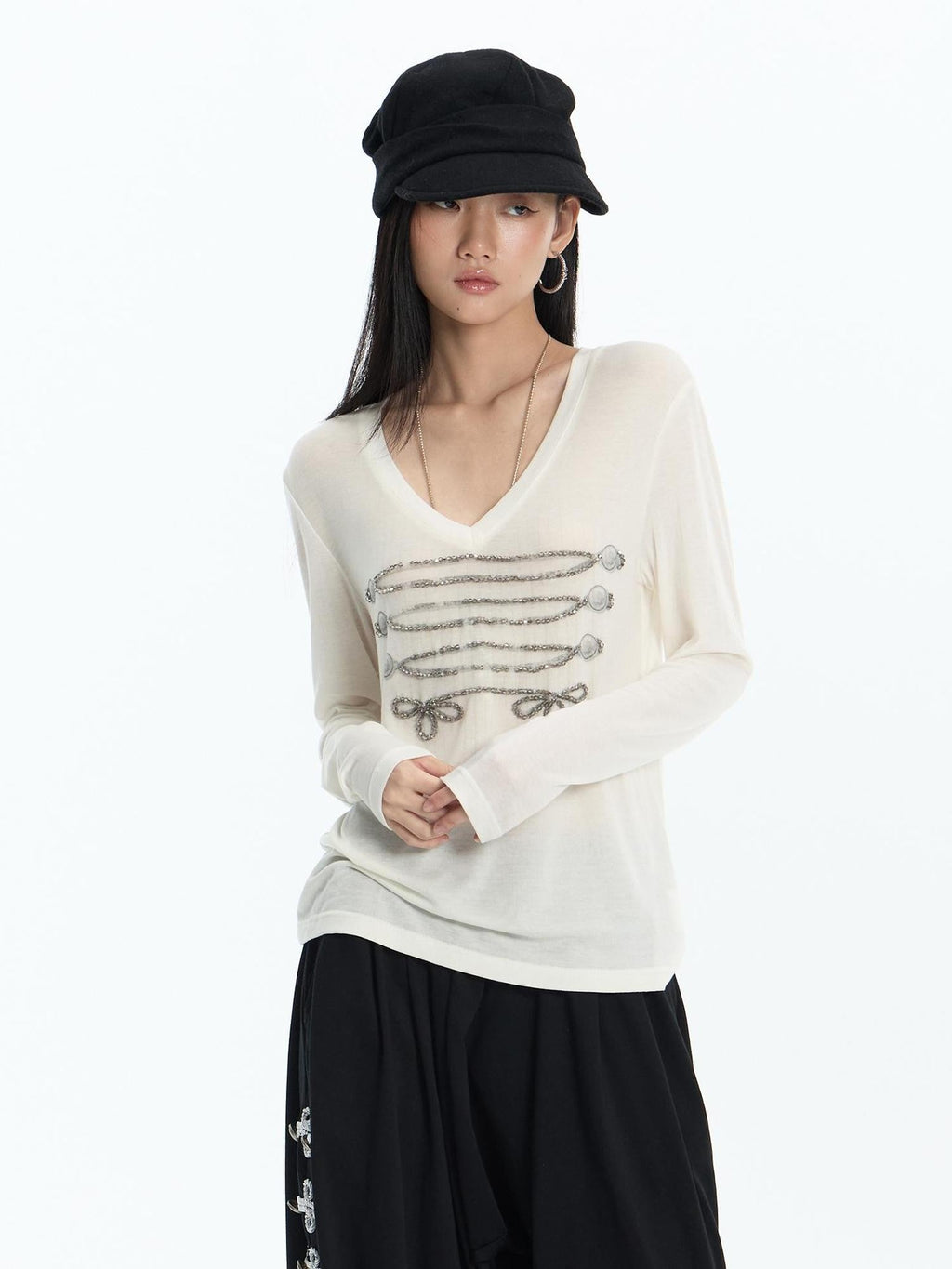 Vintage Print Court Style Rope Knot Women's Wool Lyocell Long Sleeve T-shirts