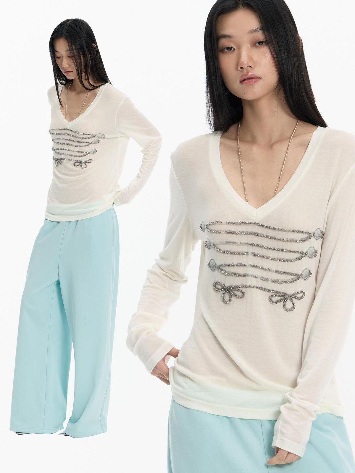 Vintage Print Court Style Rope Knot Women's Wool Lyocell Long Sleeve T-shirts