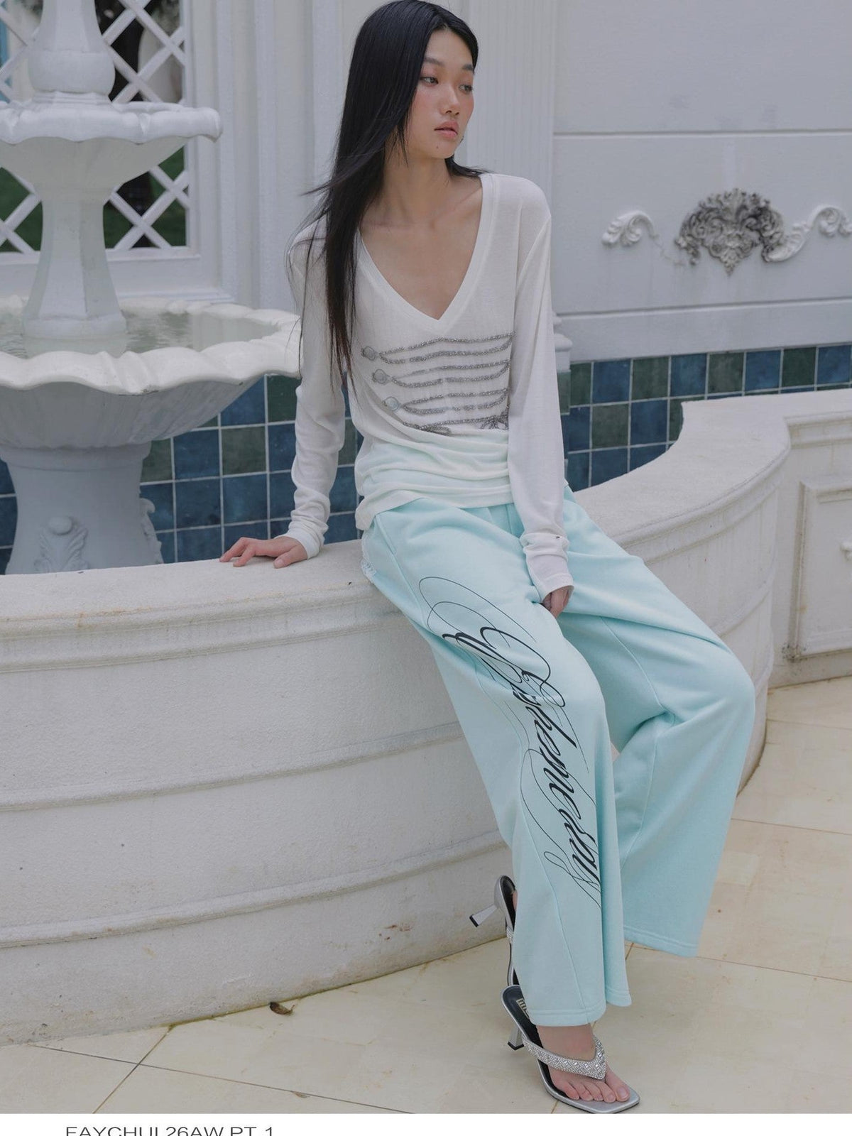 Vintage Print Court Style Rope Knot Women's Wool Lyocell Long Sleeve T-shirts