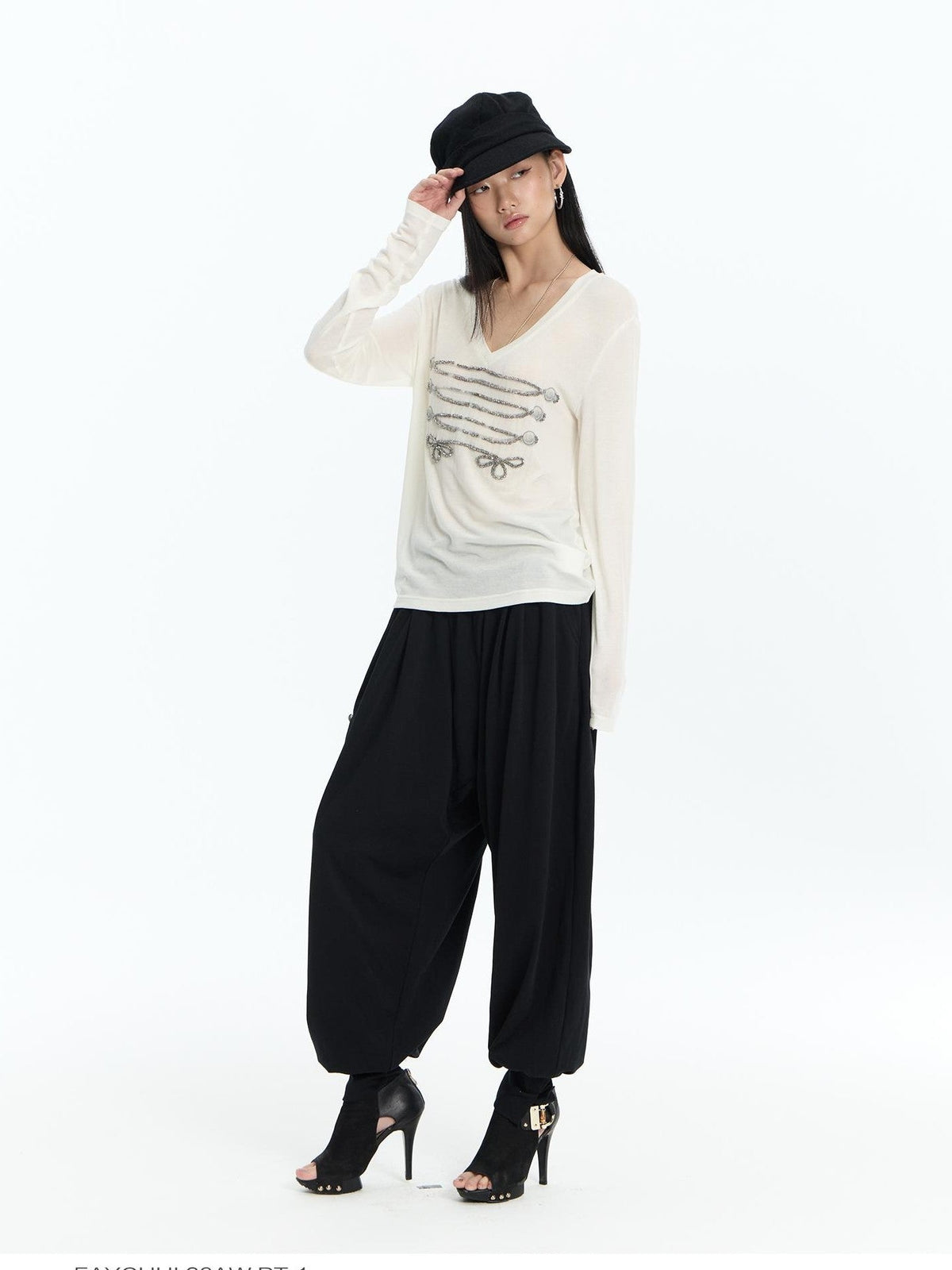 Vintage Print Court Style Rope Knot Women's Wool Lyocell Long Sleeve T-shirts