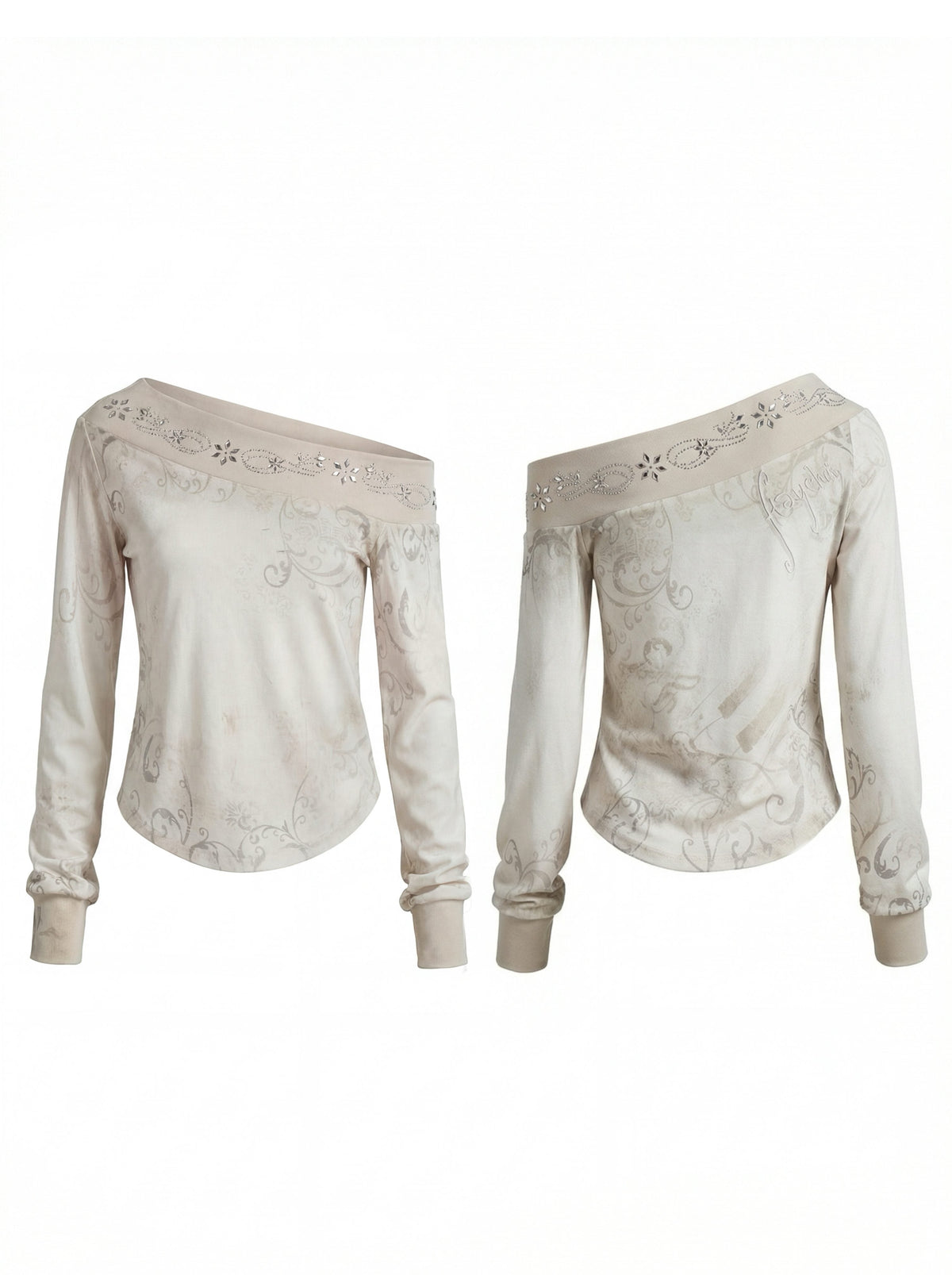 Vintage Print Studded Rhinestone One Shoulder Women's Long Sleeve T-shirts