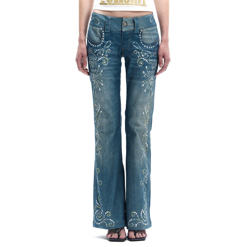 Vintage Rhinestone Embroidered High Waist Women's Denim Distressed Flare Jeans