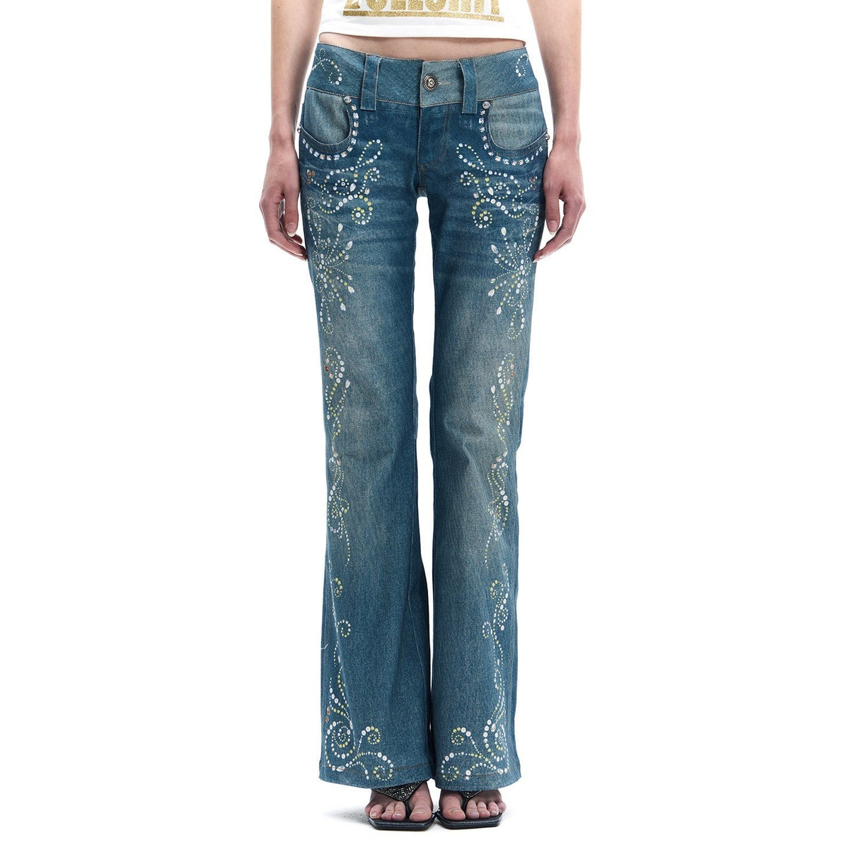 Vintage Rhinestone Embroidered High Waist Women's Denim Distressed Flare Jeans