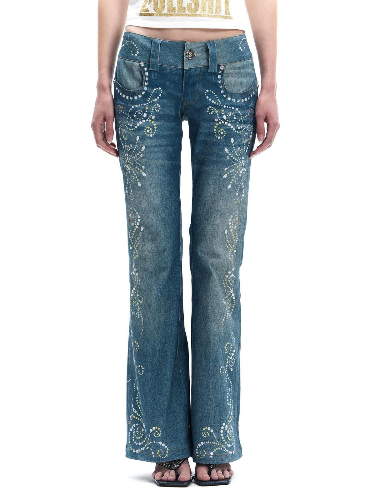 Vintage Rhinestone Embroidered High Waist Women's Denim Distressed Flare Jeans