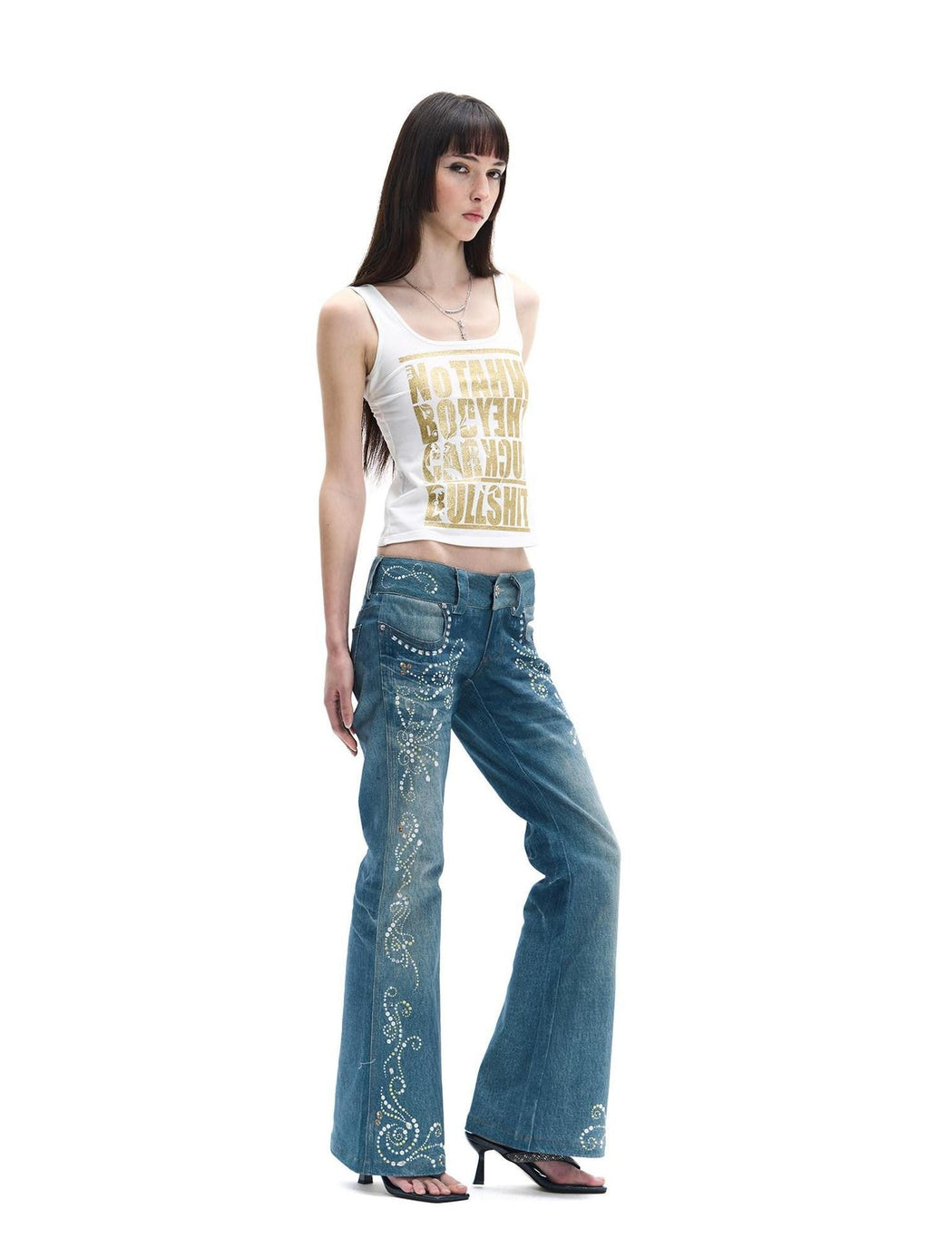Vintage Rhinestone Embroidered High Waist Women's Denim Distressed Flare Jeans