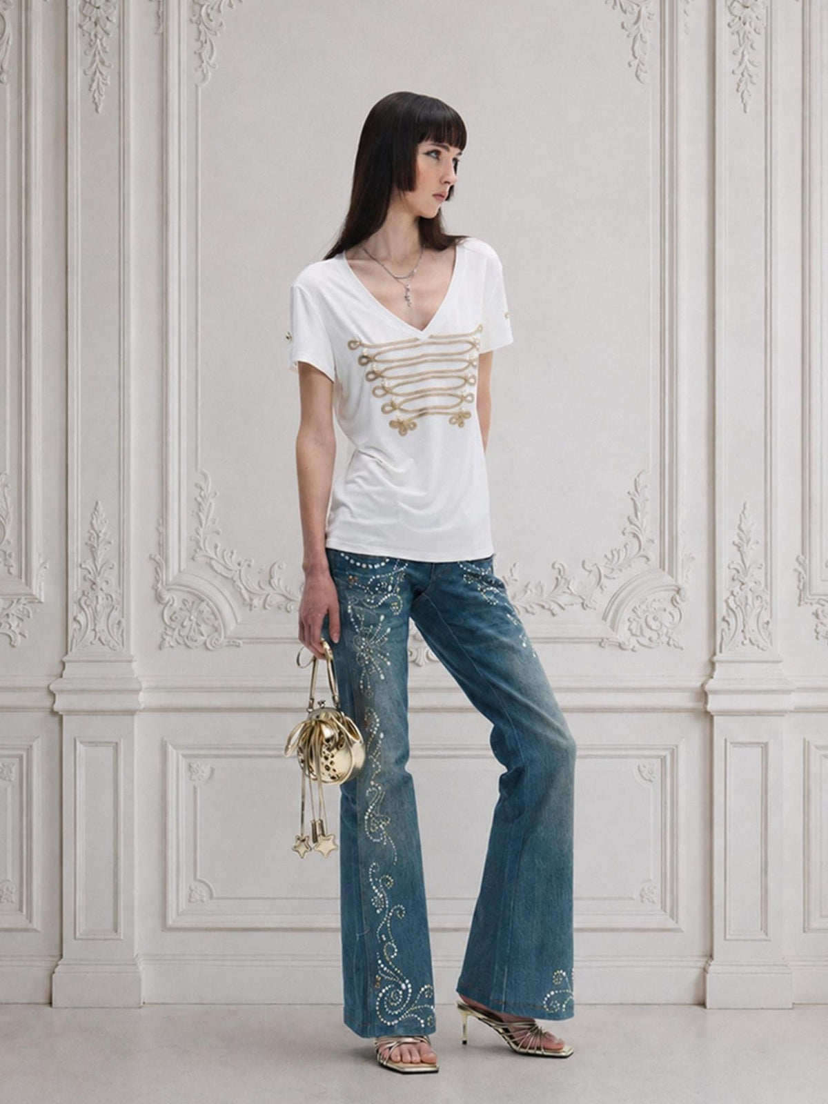 Vintage Rhinestone Embroidered High Waist Women's Denim Distressed Flare Jeans