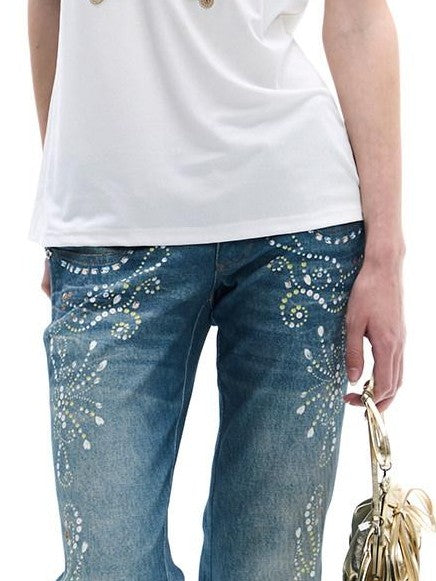 Vintage Rhinestone Embroidered High Waist Women's Denim Distressed Flare Jeans