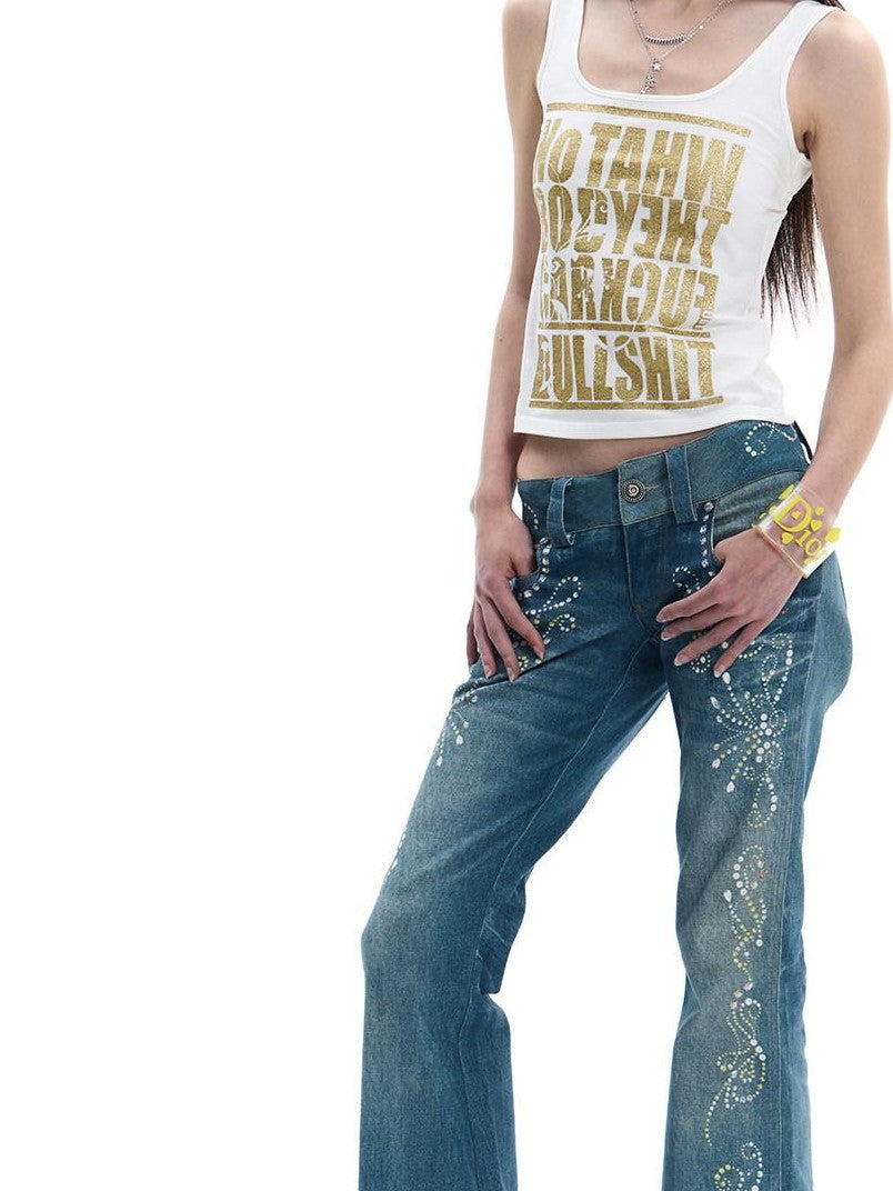 Vintage Rhinestone Embroidered High Waist Women's Denim Distressed Flare Jeans