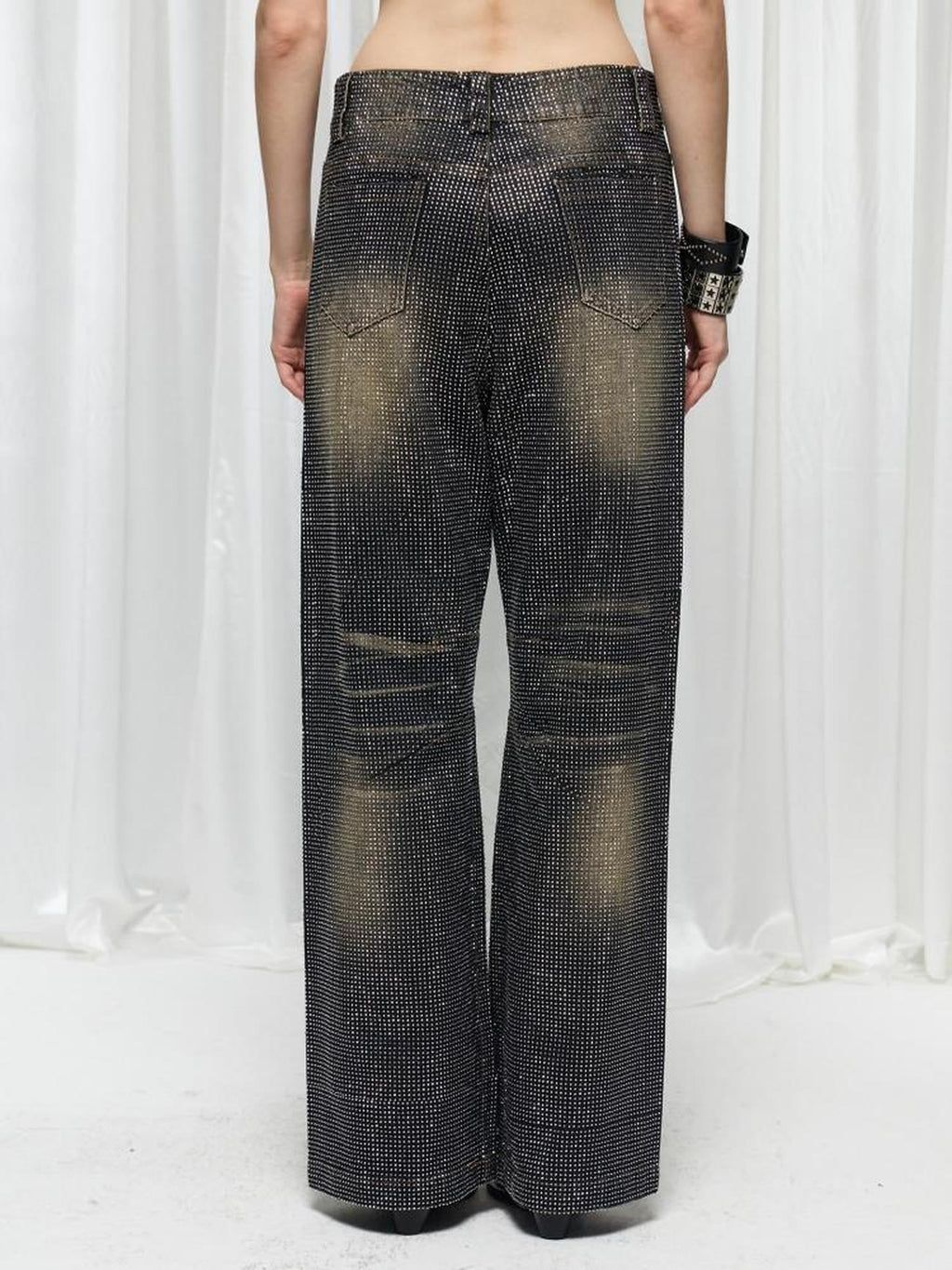 Vintage Washed Floral Rhinestone Reflective Women's Cotton Denim Wide-leg Jeans