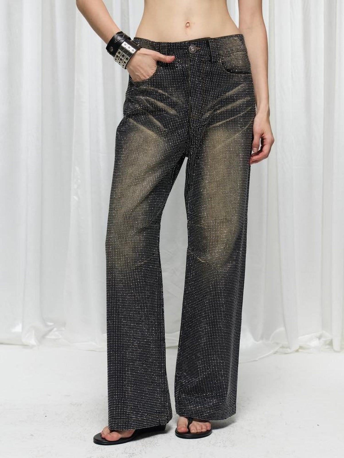 Vintage Washed Floral Rhinestone Reflective Women's Cotton Denim Wide-leg Jeans