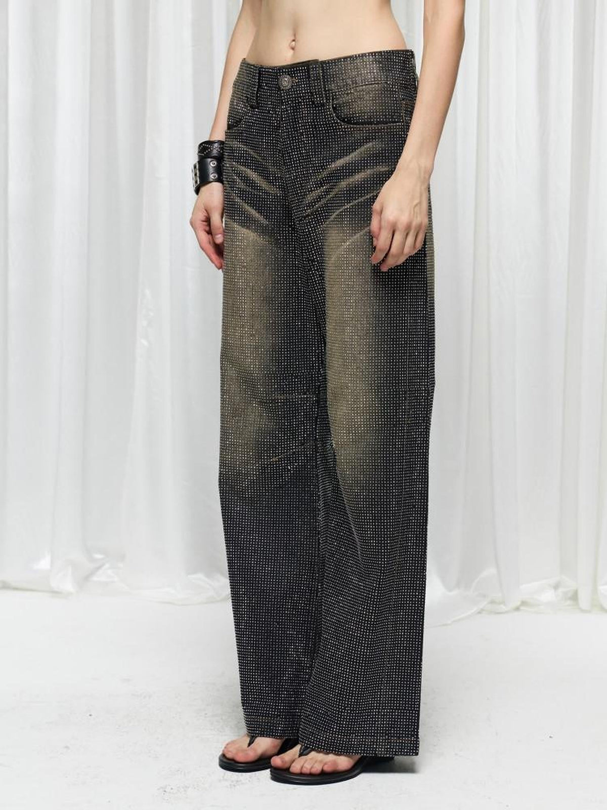 Vintage Washed Floral Rhinestone Reflective Women's Cotton Denim Wide-leg Jeans