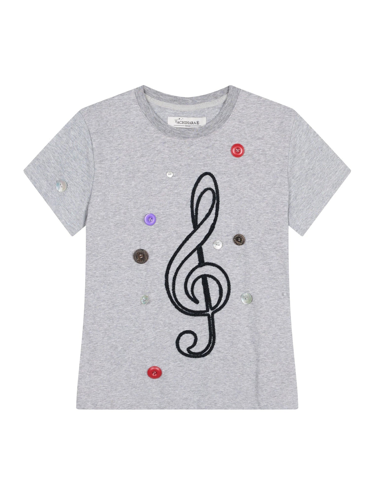 Music Button Embroidered Tee V Neck T Shirt Long Sleeve
