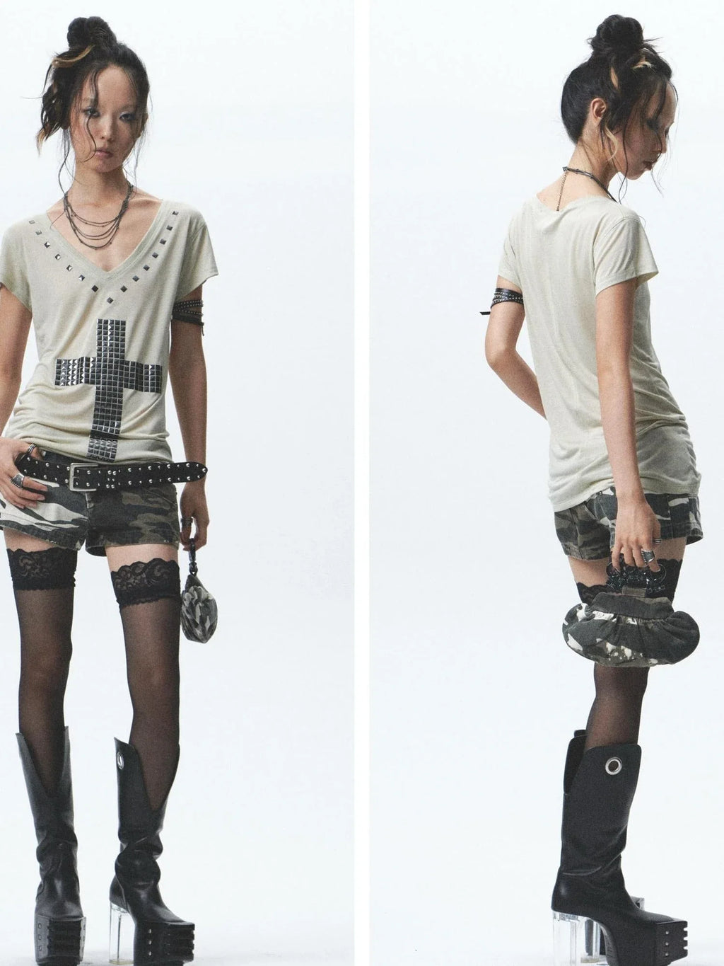 Heavy Duty Washed Camo Leg Sleeves Low Rise Distressed Shorts Set
