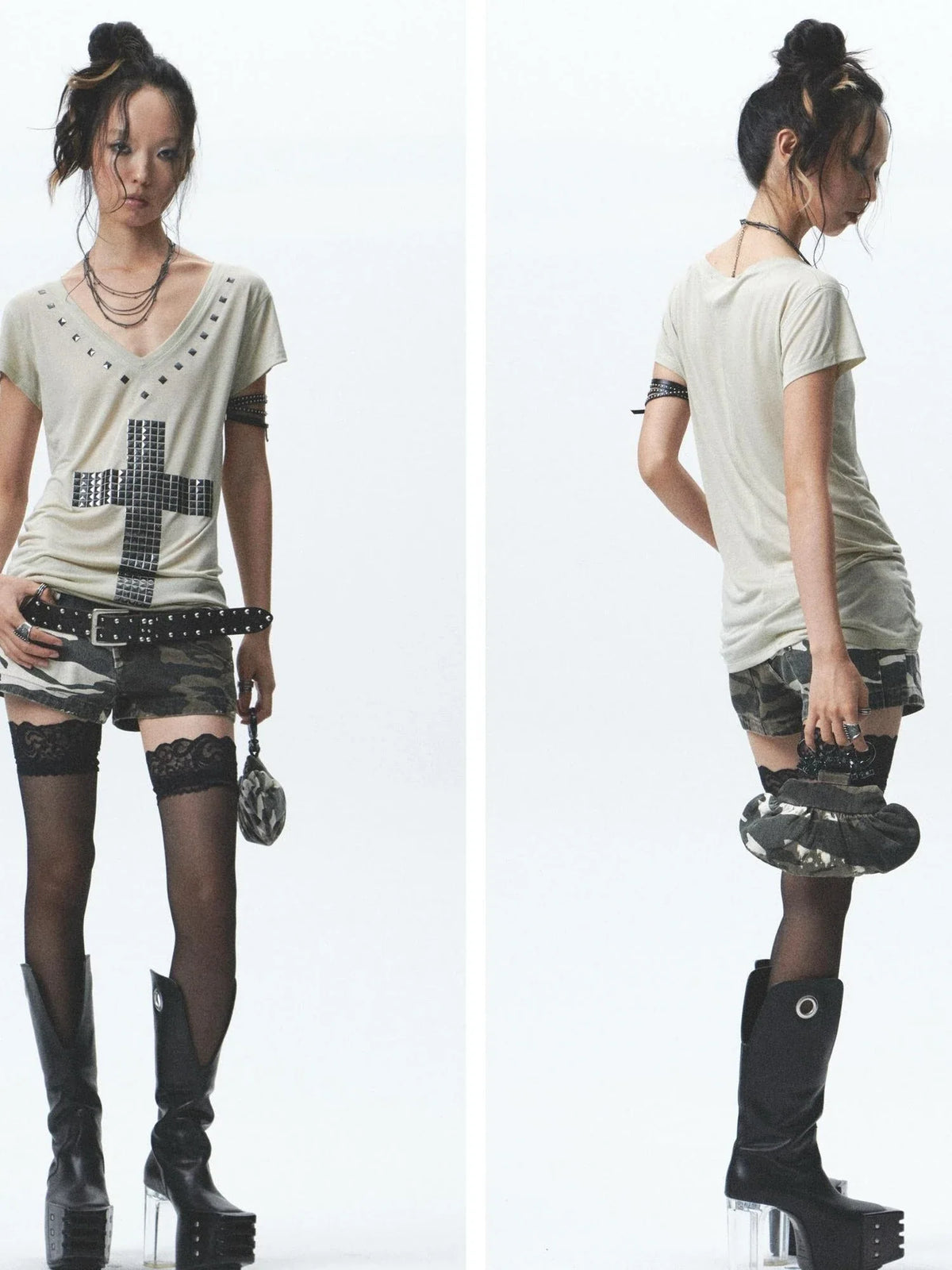 Heavy Duty Washed Camo Leg Sleeves Low Rise Distressed Shorts Set