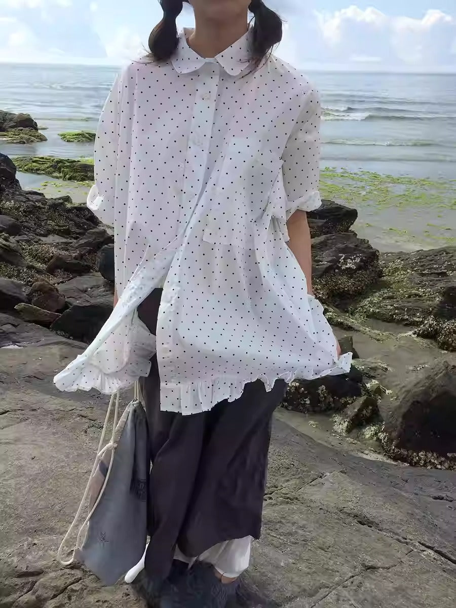3months | Korean Ruffle Polka Dot Loose Fit Summer Design Shirt [ID:]